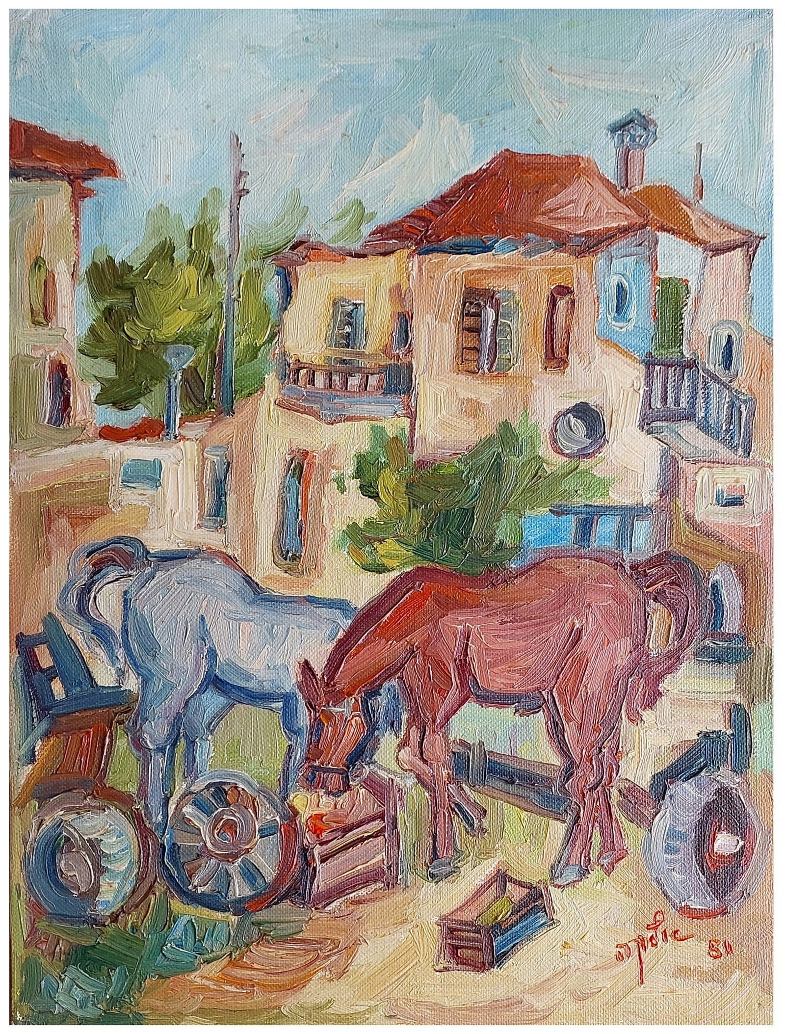 Elka Reuven (Israeli - Bulgarian, 1926-1991): Horses in a yard in the village, 1981, Oil on canvas (attached to cardboard), 40 x 30 cm, Signed and dated
