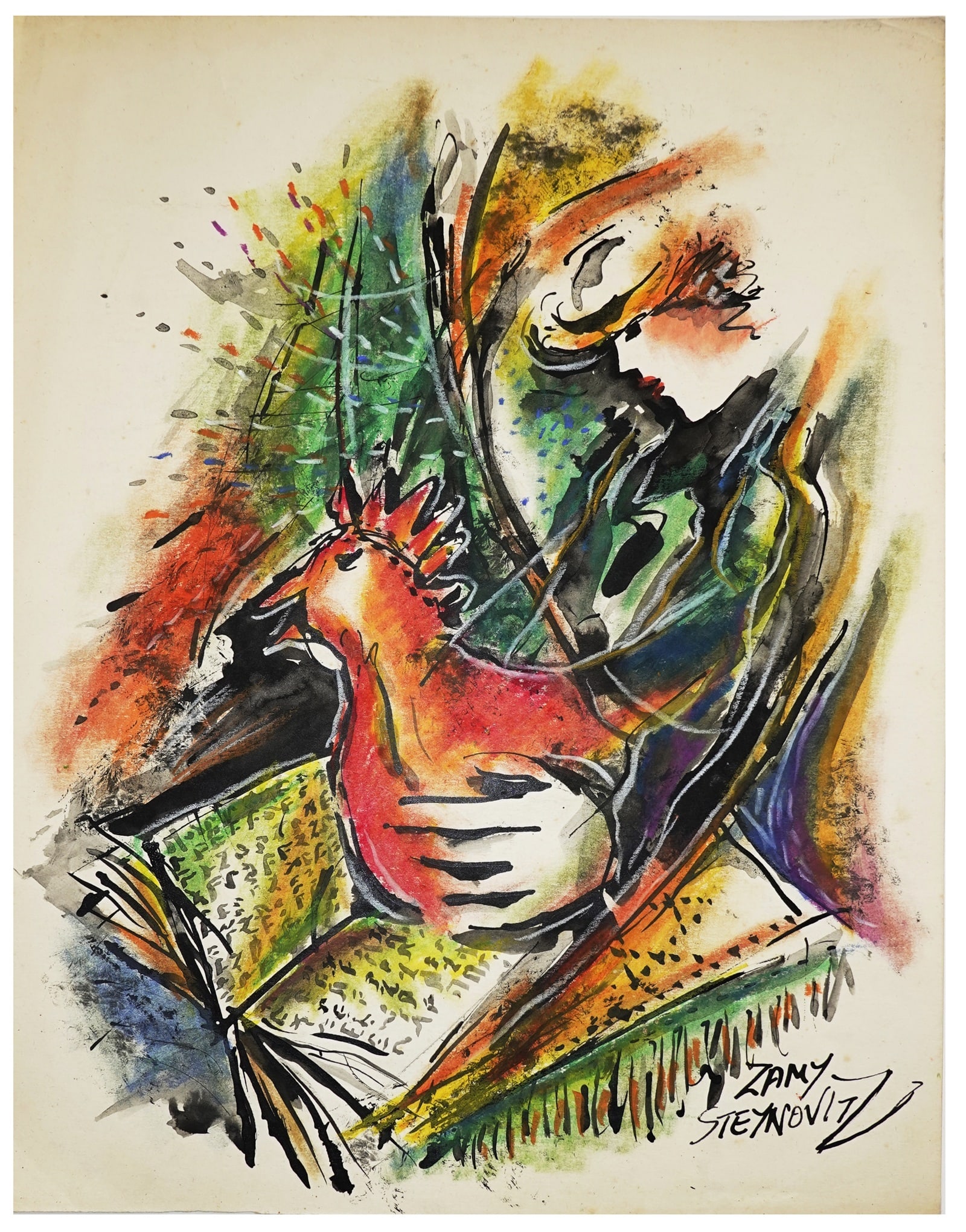 Zamy Steynovitz (Israeli - American, 1951-2000): Woman and a rooster, Gouache and pastels on paper, 45 x 35 cm, Signed
