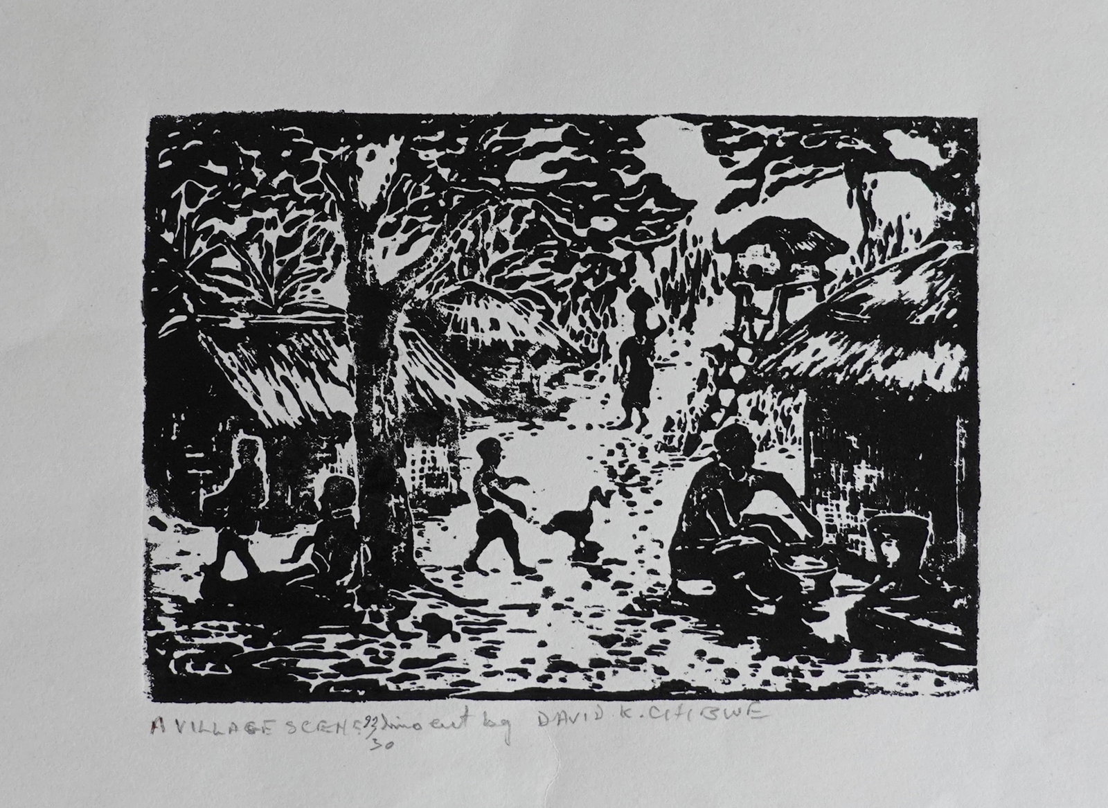 David Kalyango Chibwe (Zambian, b. 1948): Village scene, Linocut, 25 x 30 cm, Signed in pencil, titled and numbered "22/30". David Chibwe’s works are on display in the permanent group exhibition of Zambian artists at the US Embassy in Lusak