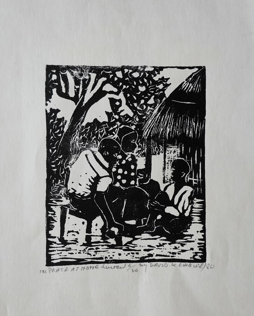 David Kalyango Chibwe (Zambian, b. 1948): "In peace at home", 1984, Linocut, 25 x 20 cm, Signed in pencil, titled, dated and numbered "6/30". David Chibwe’s works are on display in the permanent group exhibition of Zambian artists at the US