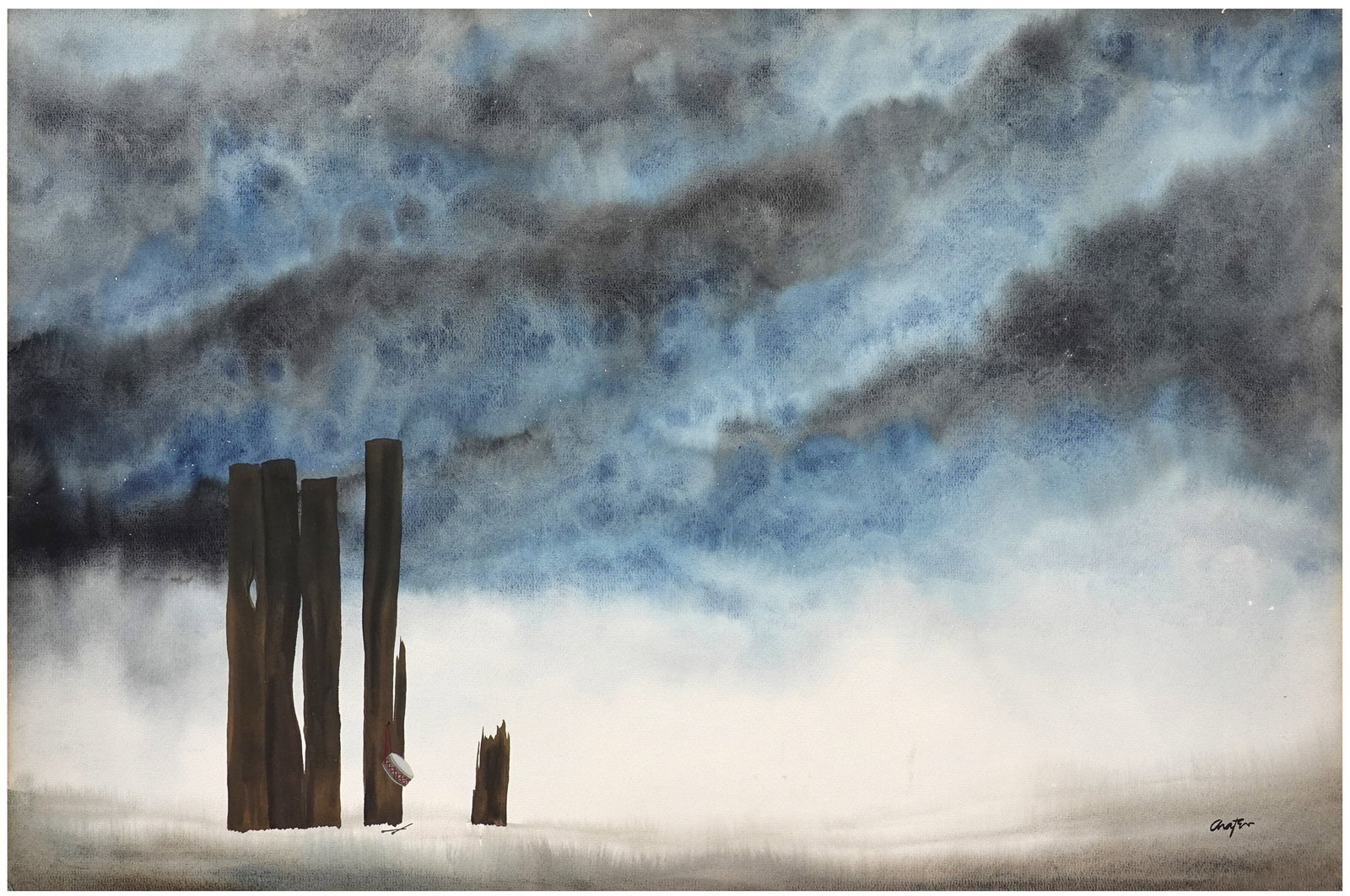 Harry Araten (American - Israeli, 1936-2001): Drum hanging on a tree trunk, Watercolor on paper (attached to cardboard), 71 x 76 cm, Signed
