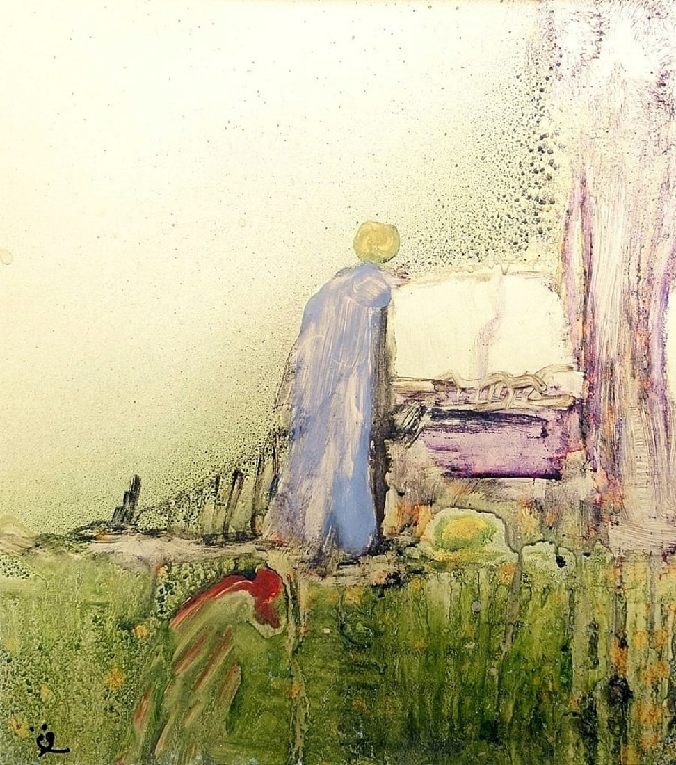 Mid-century Modern European School (XX): "Tapis vert ou le prophete" (Green carpet or the prophet), 1980, Gouache on paper (mounted on cardboard), 26 x 23 cm, Signed on recto, Signed and dated on verso. Gifted by Alex Maguy (1905-1999), the 