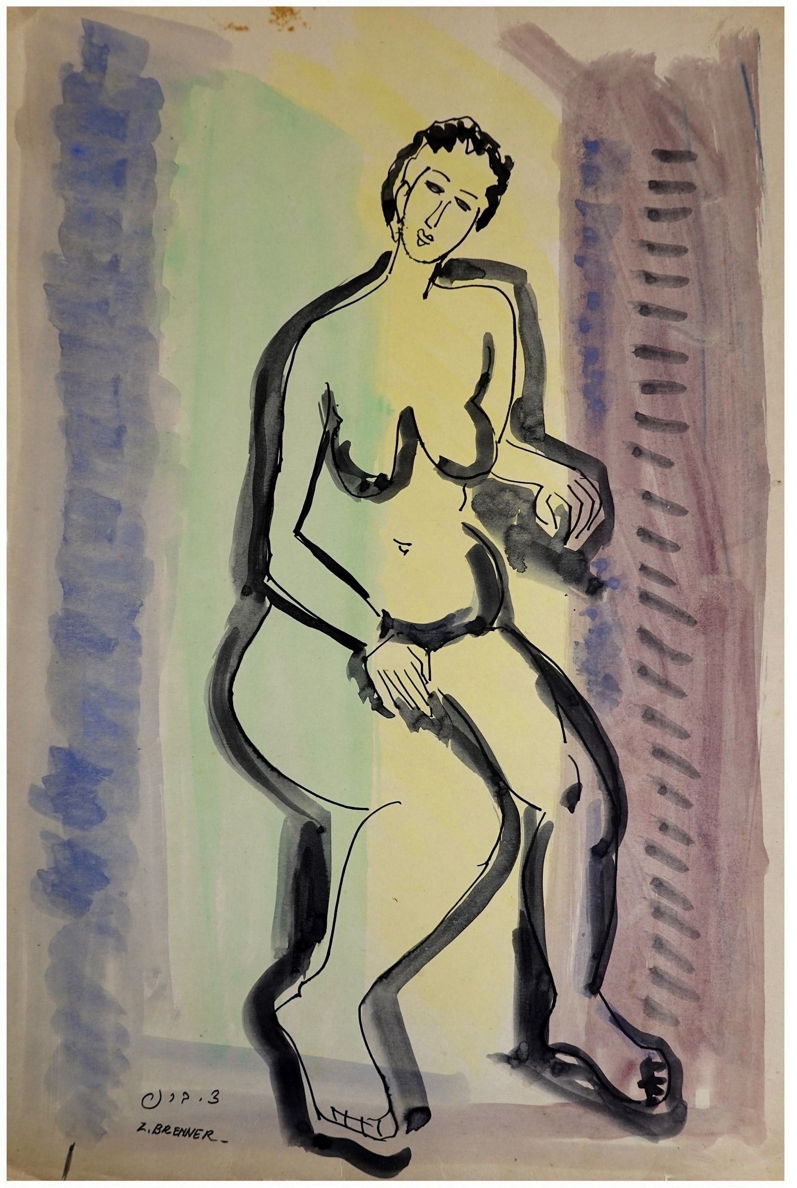 Zippora Brenner (Israeli, 1917-2010): Seated nude, Watercolor on paper, 49 x 33 cm, Signed