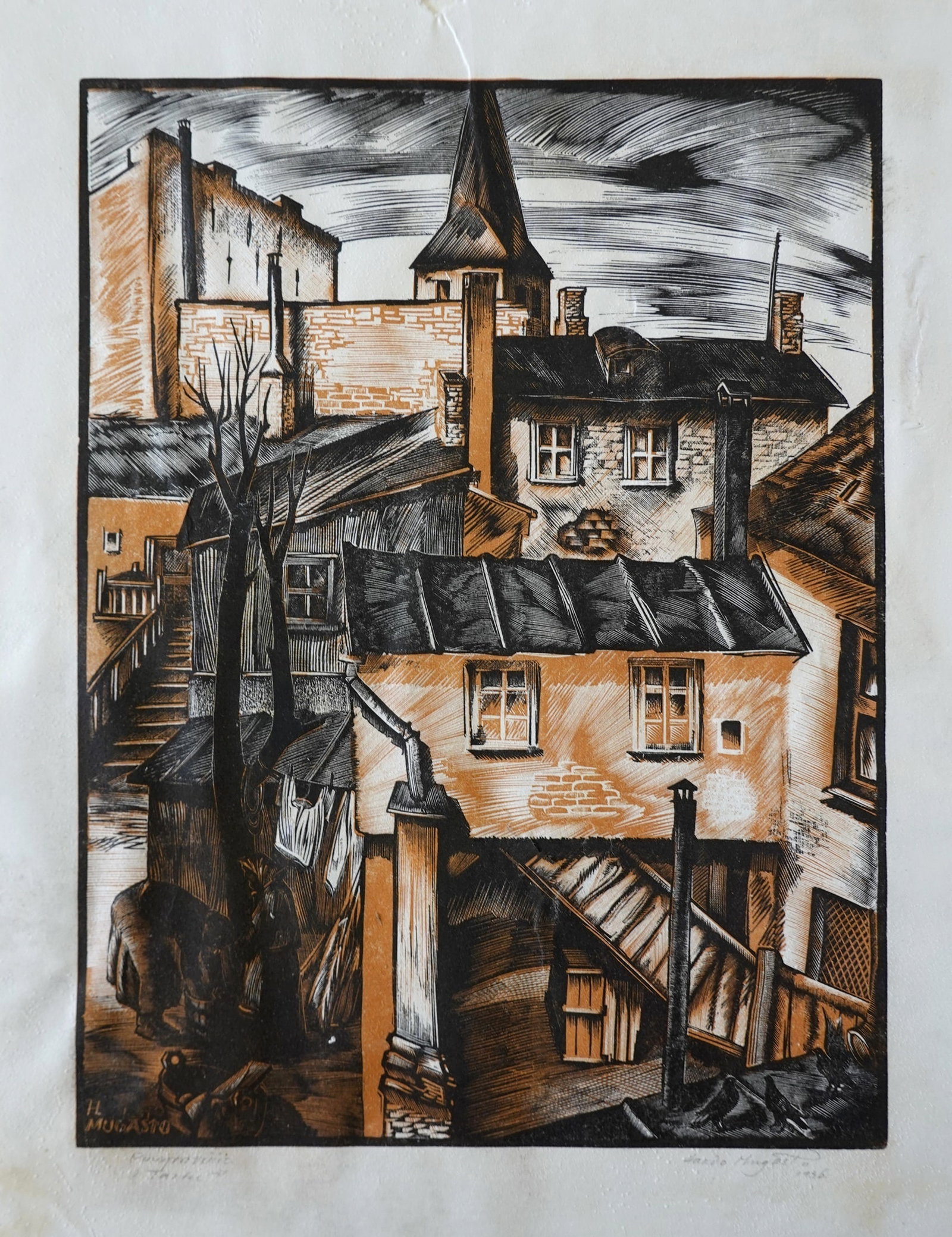 Hando Mugasto (until 1925 Heinrich-Voldemar Monstrum) (Estonian, 1907-1937): Courtyard in Tartu ("Hoov"), 1936, RARE! Wood engraving, 29 x 23 cm, Signed in pencil, tiled and dated, also signed in the plate