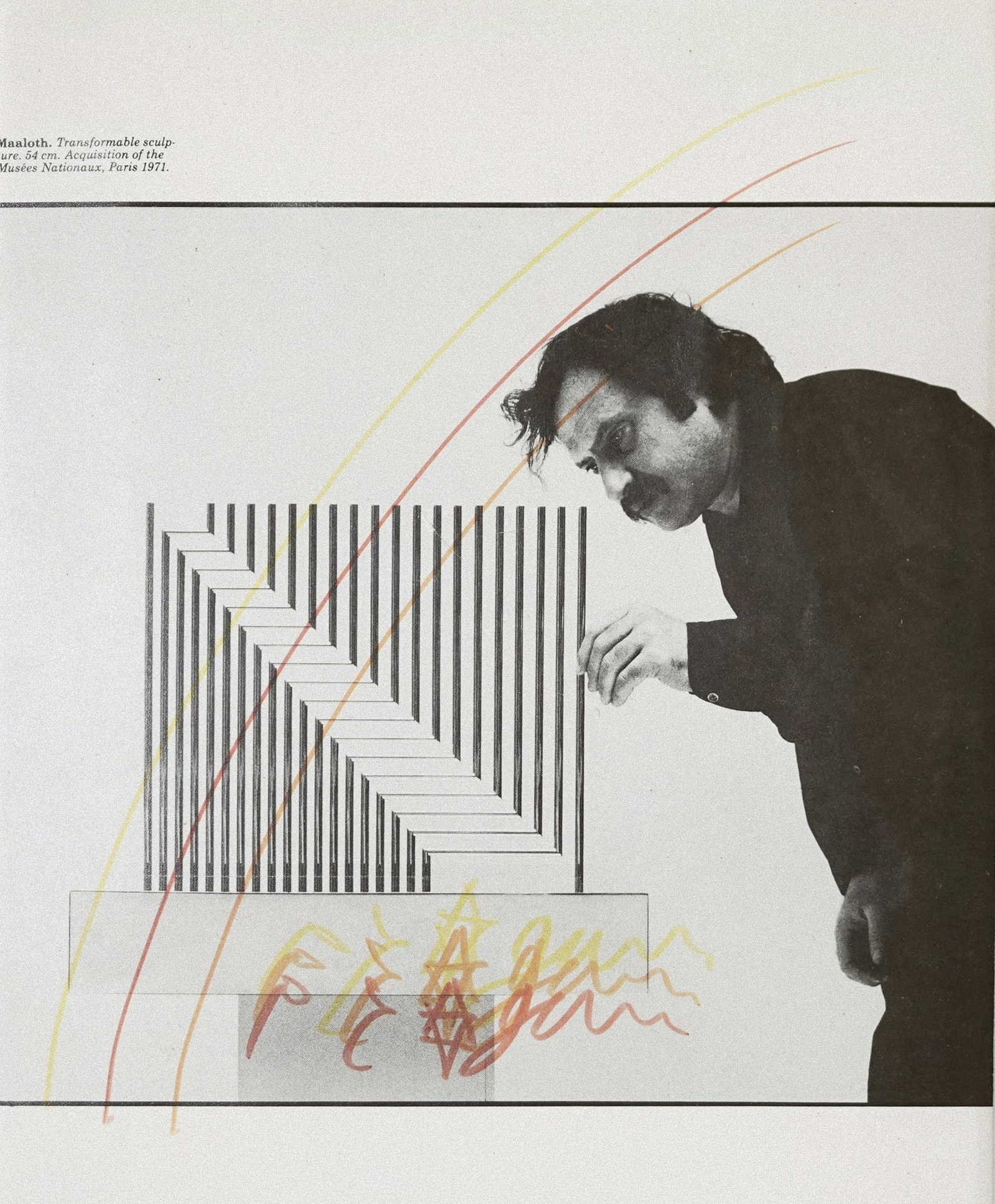 Yaacov Agam (Israeli, 1928-2026): Self-portrait next to his statue "Maaloth", 1972, Colorful fiber-tip pen drawing and autograph on a catalog page depicting a sculpture of Agam with himself, 31 x 21 cm, Signed. The sculpture shown in 