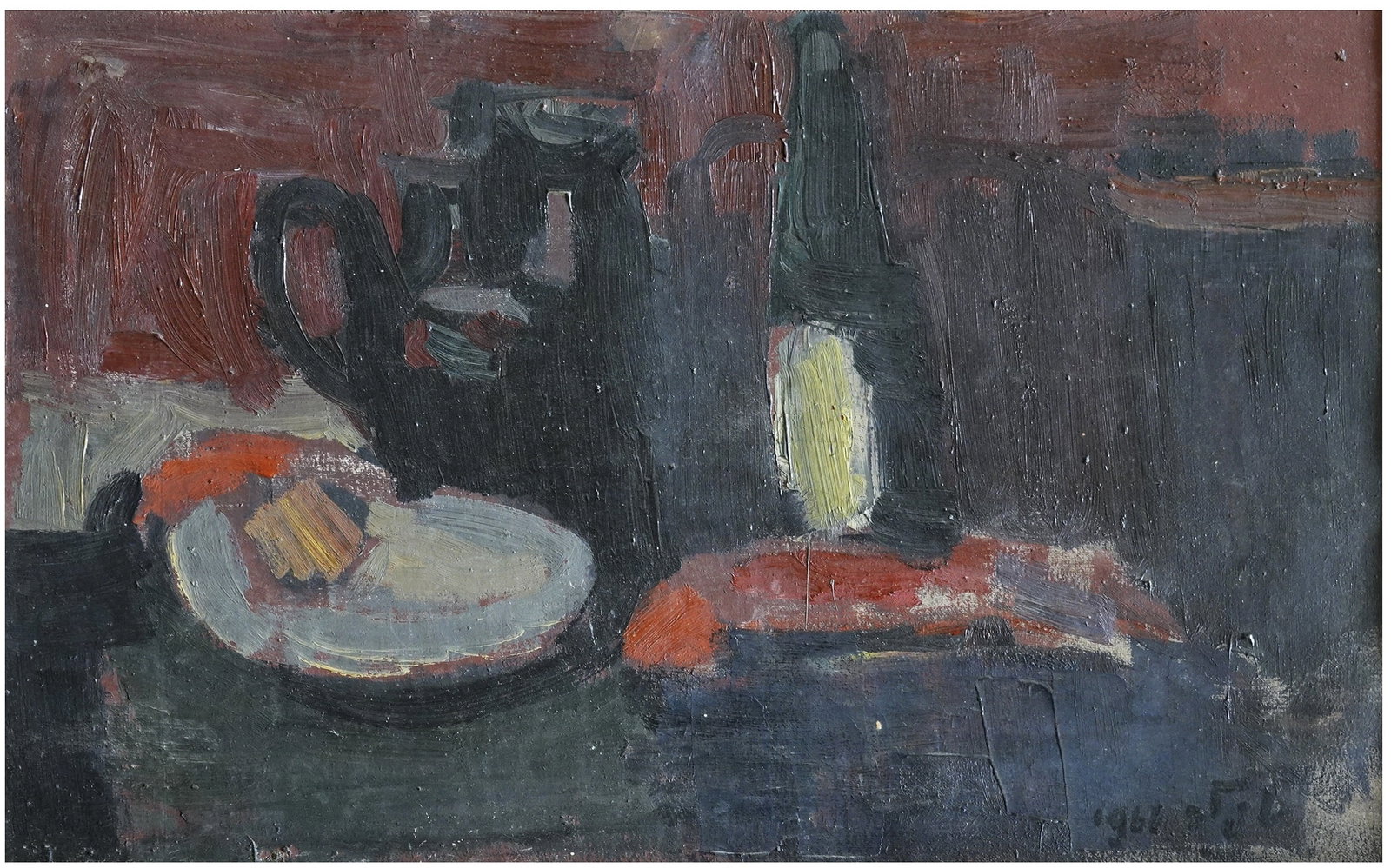 Samuel Tepler (Polish - Israeli, 1918-1998): Still Life with Fish and Wine, 1966, Oil on canvas, 38 x 61 cm, Signed and dated on recto, Signed on verso as well