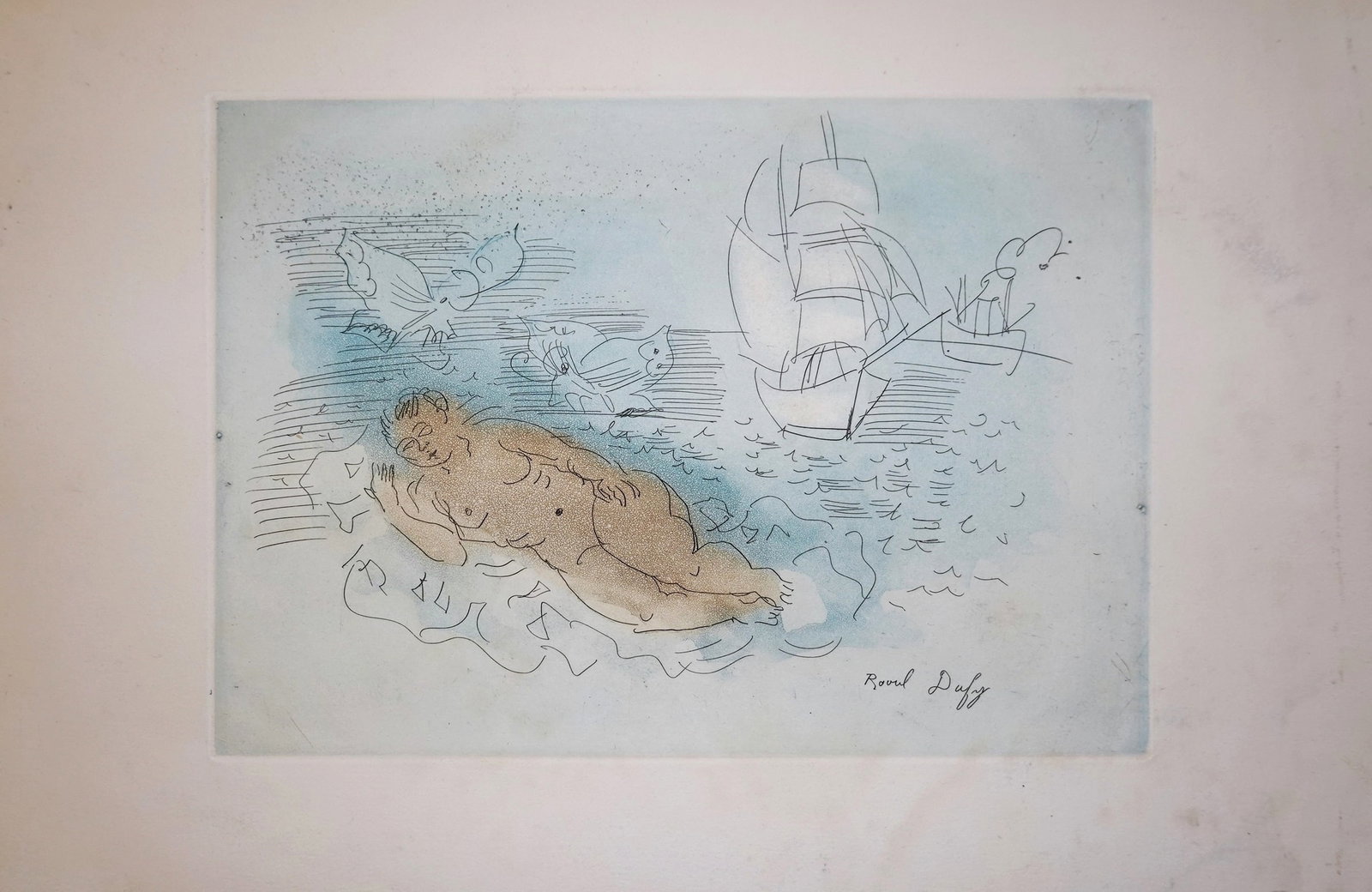 Raoul Dufy (French, 1877-1953): "La Petite Baigneuse aux Papillons", c. 1930, Aquatint etching on wove paper, Plate: 22 x 31 cm / Sheet: 33 x 50 cm, Signed in the plate