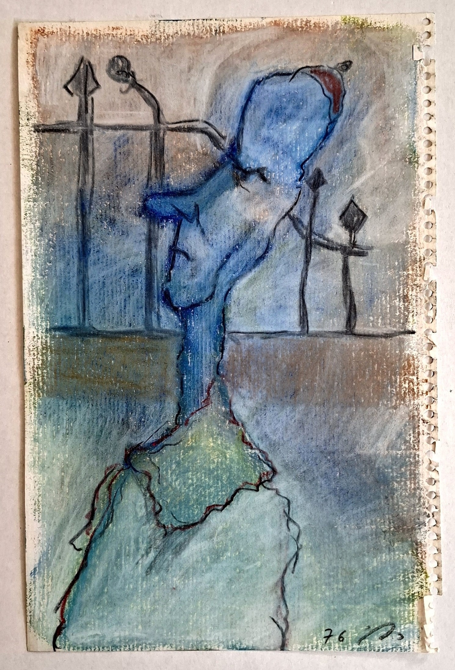Ra'anan Levy (Israeli - French, 1954-2022): Portrait of a Woman in a Room with a Stair Railing, 1976, Pastel and pencil on paper, 23 x 15 cm, Signed and dated