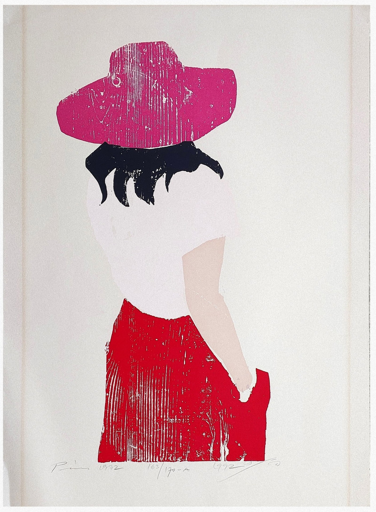 Jacob Pins (German - Israeli, 1917-2005): The velvet hat, 1992, Woodcut, 87 x 57 cm, Signed in pencil, dated and numbered "170A-163"