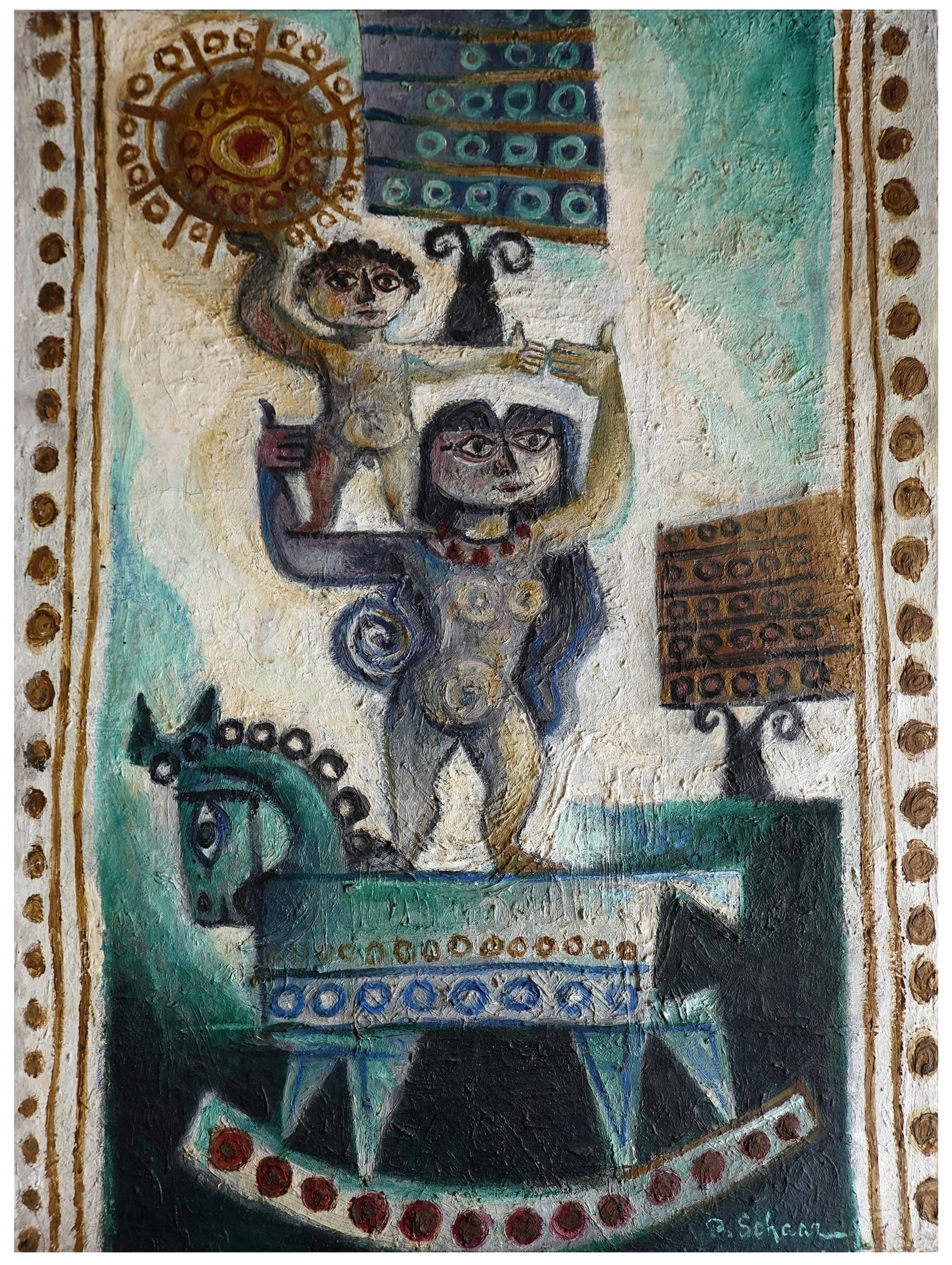 Pinchas Shaar (Israeli - Polish, 1923-1996): Mother and son with the Messiah's donkey, 1957, Oil on canvas, 78 x 59 cm, Signed on recto, Signed and dated on verso