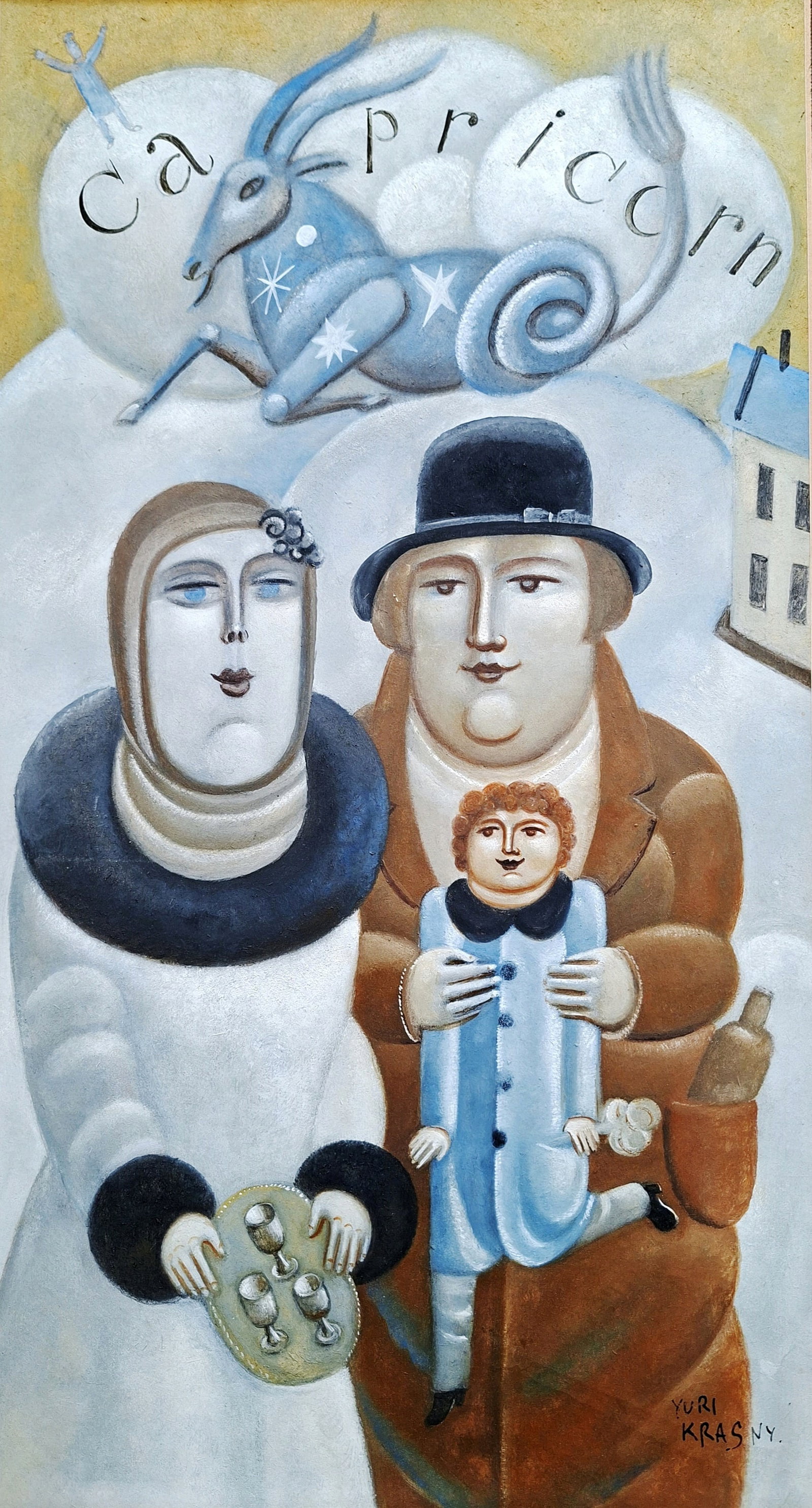 Yuri Krasny (Russian, 1925-2005): Family in Capricorn, Oil on paper, 56 x 30 cm, Signed and inscribed