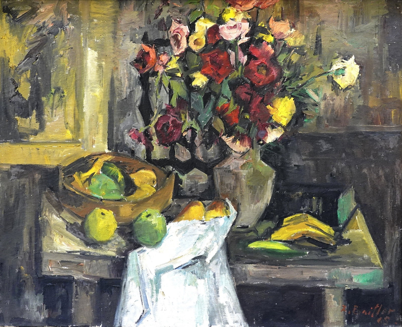 Zoma Baitler (Lithuanian - Uruguayan, 1908-1994): Still life with roses in a vase and a bowl of fruit, 1965, Oil on canvas, 81 x 100 cm, Signed and dated