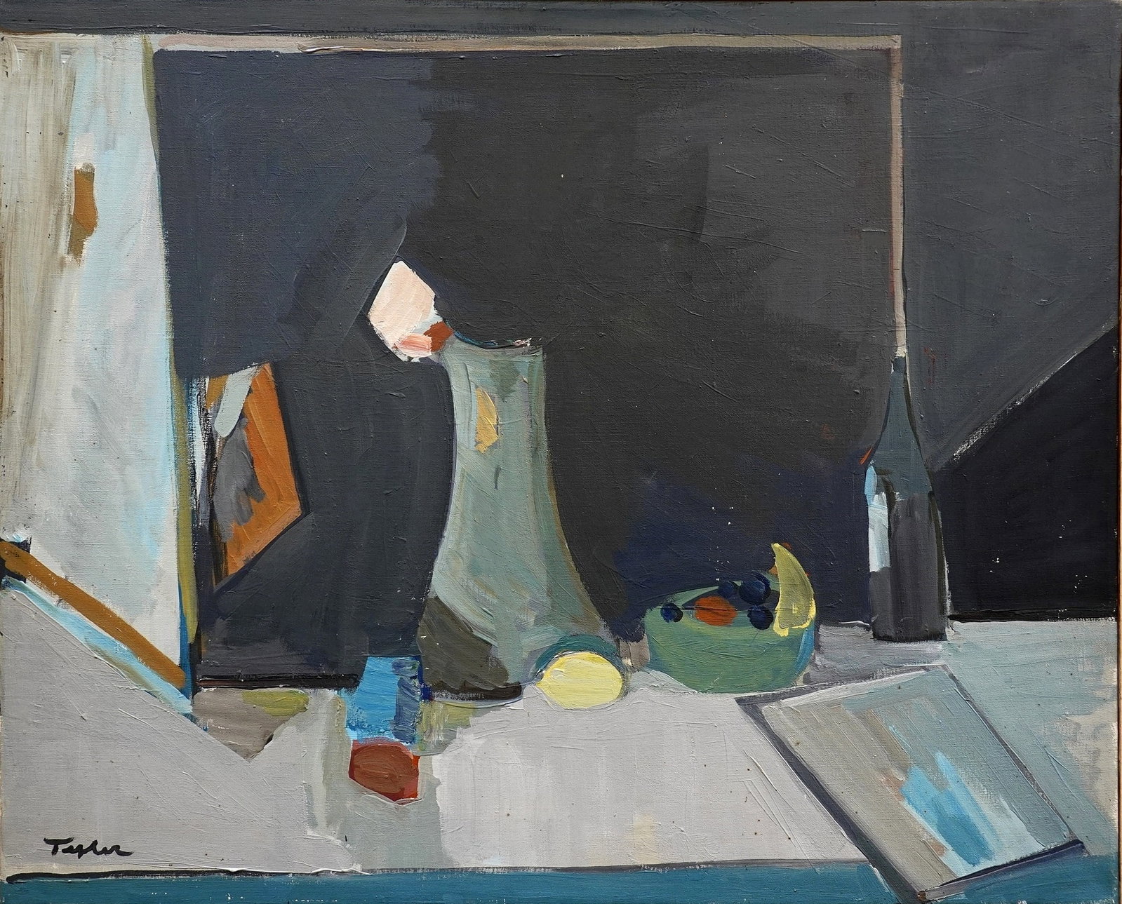 Samuel Tepler (Polish - Israeli, 1918-1998): Still life with flower vase, a bowl of fruit and wine, 1984, Oil on canvas, 81 x 99 cm, Signed on recto, Signed and dated on verso