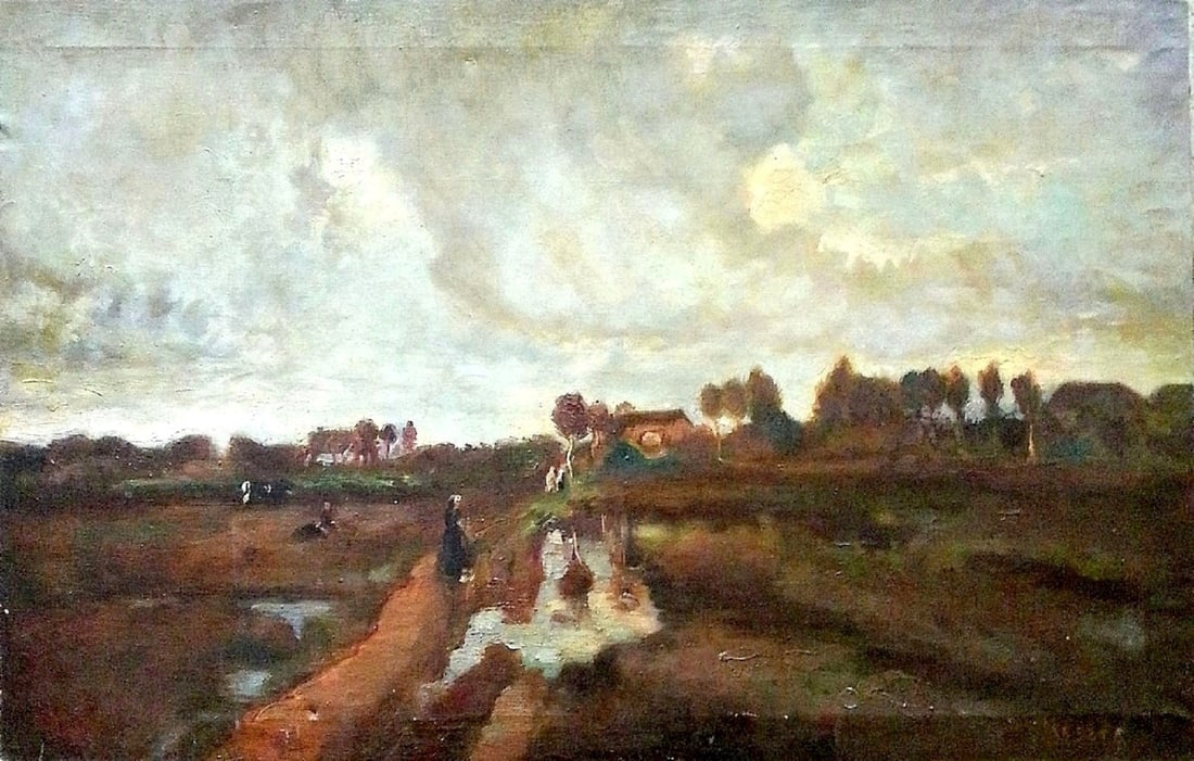 Jozsef Koszta (Hungarian, 1861-1941): Peasants in the rural landscape, Nagyb?nya (Baia Mare), 1920s, Oil on canvas, 65 x 100 cm, Signed. Private collection, Tel Aviv; Originally brought to Israel in the 1930s by a Jewish family emigrating