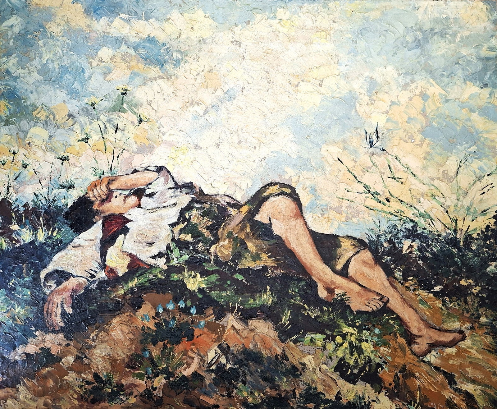 Modern French / Greek artist (20th century): Man Resting in a Landscape, 1976, Oil on canvas, 51 x 61 cm, Signed, dated, inscribed and dedicated in Greek and French on the back