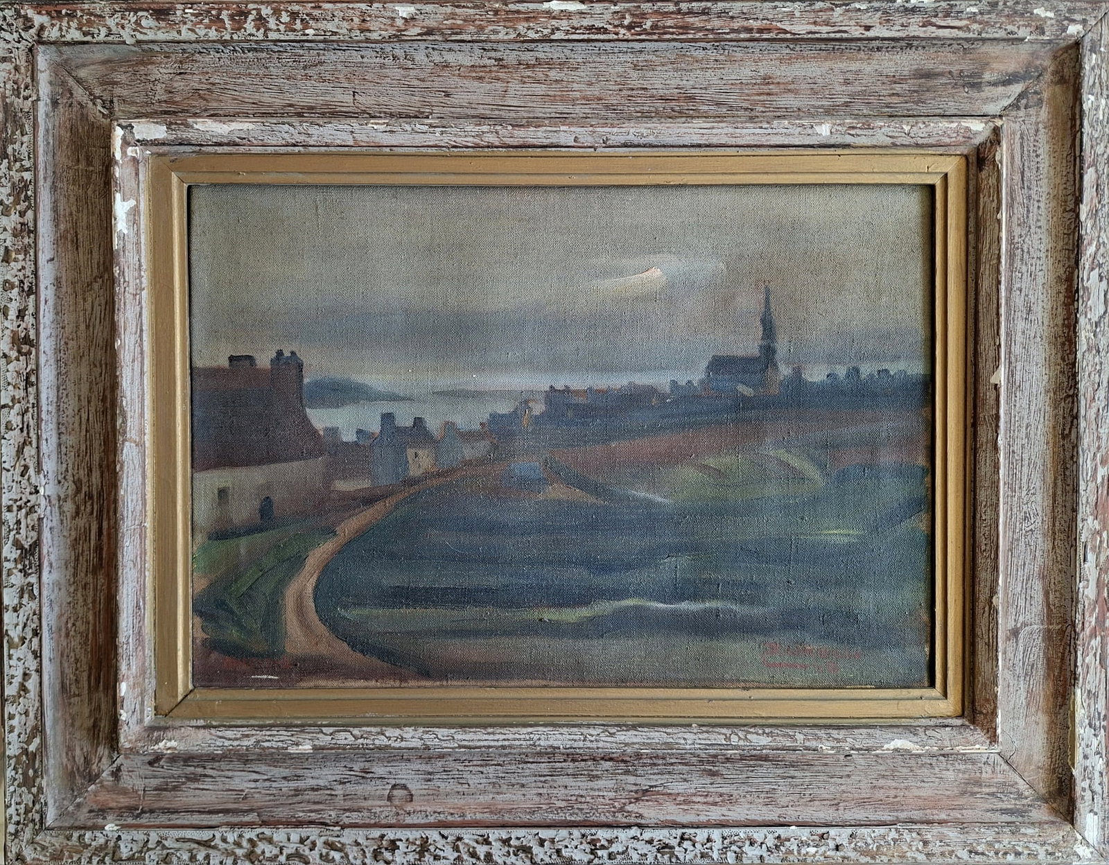 Post-Impressionist French artist (mid-20th century): Village View on Ouessant, Brittany, 1948, Oil on canvas, 35 x 46 cm, Signed, inscribed and dated