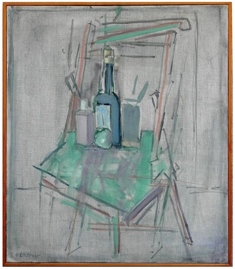 Uri Stettner (Israeli, 1935-1999): Still life with a bottle of wine on a chair, Oil on canvas, 70 x 60 cm, Signed