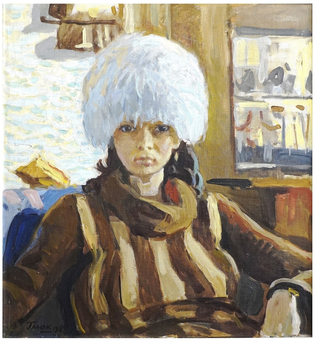 Gavriil Martinovich Glyuk (Ukrainian - Romanian, 1912-1983): Portrait of a girl in a fur hat in a snowy landscape, Oil on canvas, 70 x 65 cm, Signed