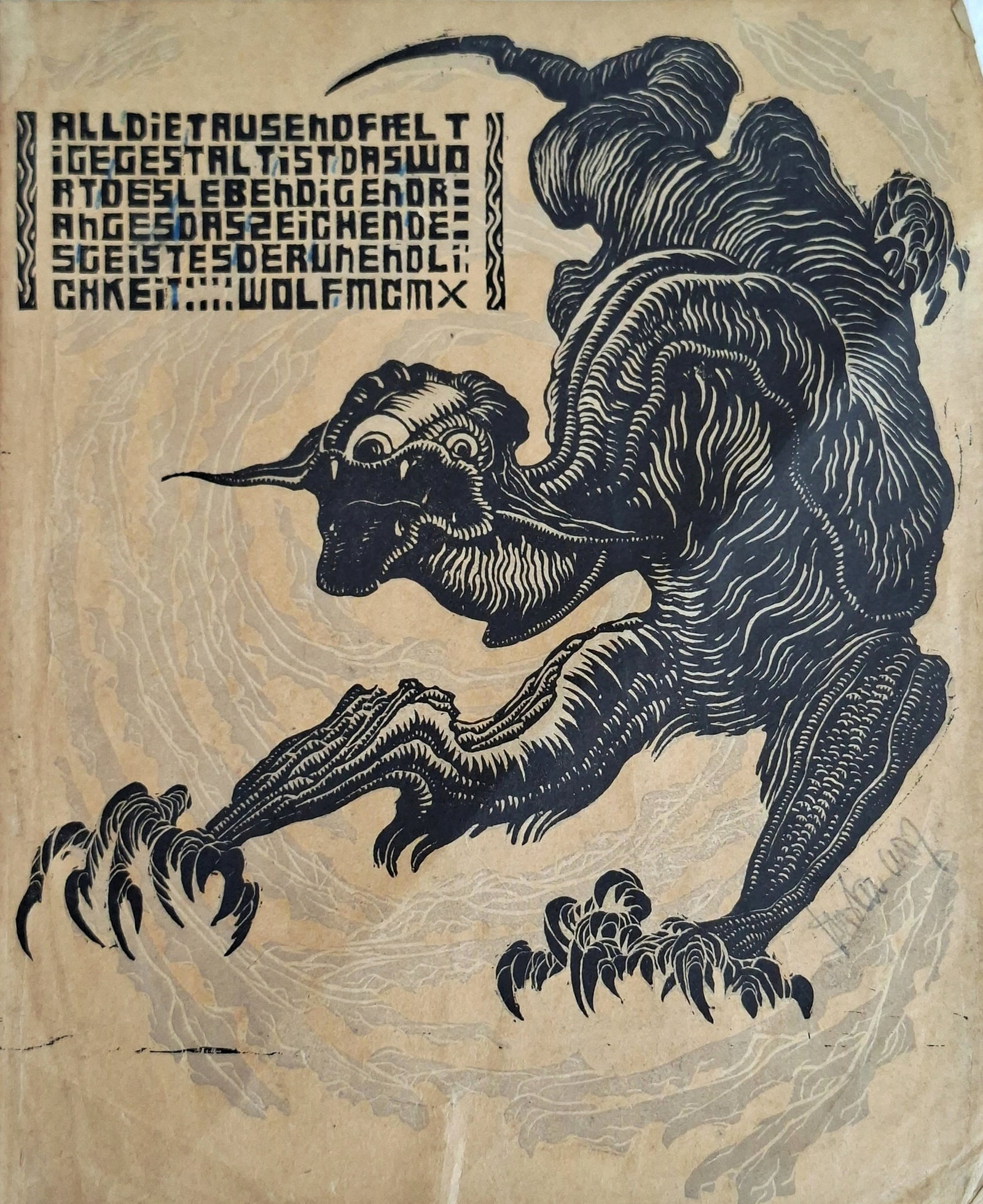 Gustav Wolf (Ostringen, Germany 1887 - Greenfield, MA, USA 1947): "Bild I: All the thousandfold form is the word of the living urge, the sign of the spirit of infinity", 1912 (from the portfolio 'Zehn Holzschnitte'), Woodcut in brown and black on tan China paper, 25