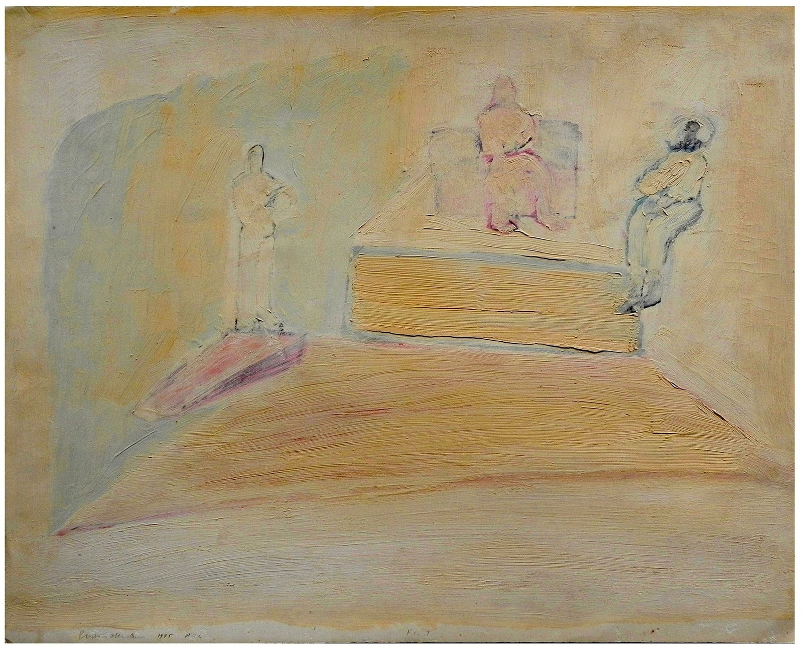 Pinchas Cohen Gan (Israeli, b. 1942): Three figures, New York, 1975, Oil on paper, 55 x 68 cm, Signed and dated