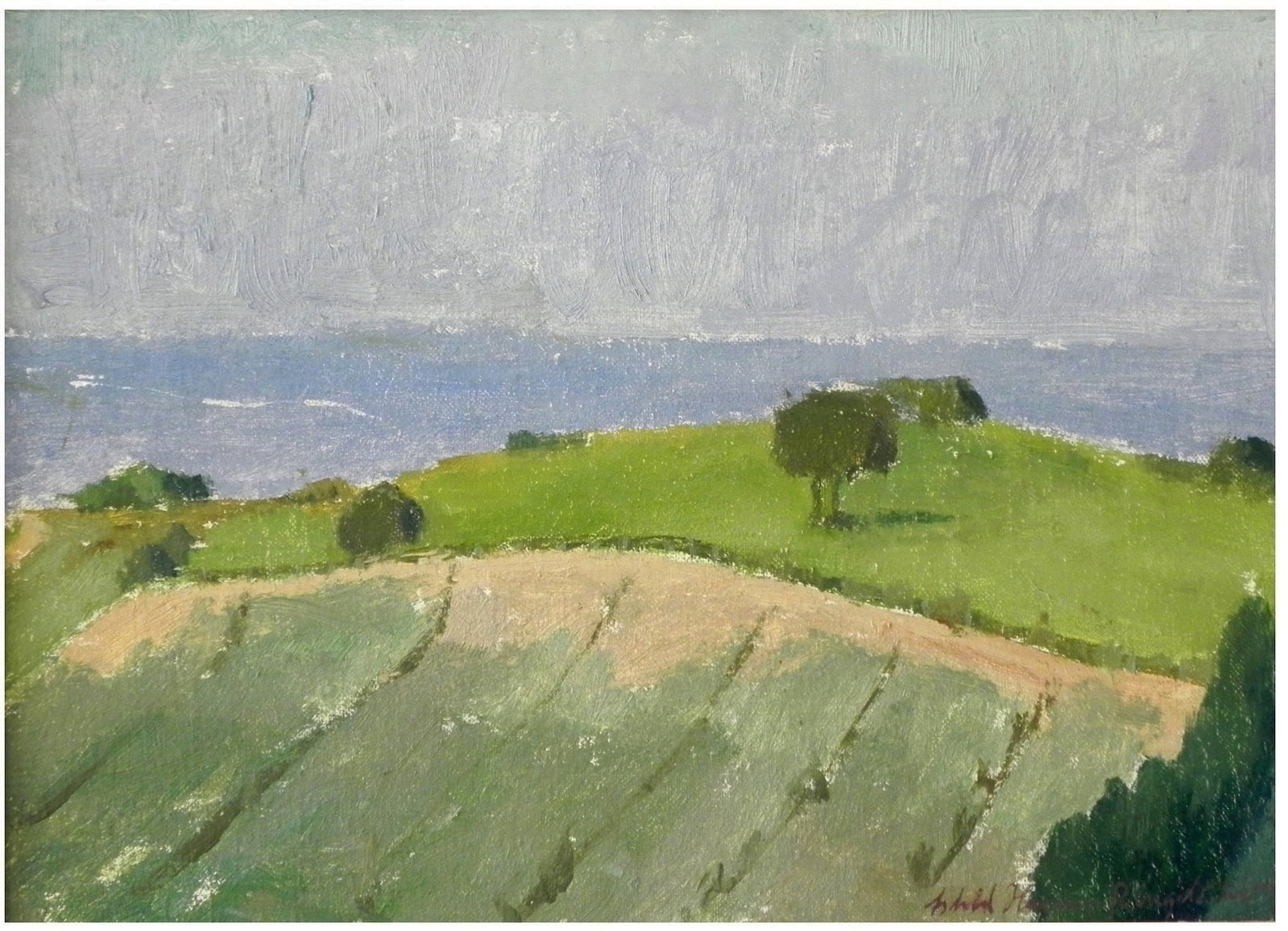 Astrid Harms-Ringdahl (Swedish, 1912-1984): Coastal landscapes of Kåseberga, Sweden, Oil on canvas (attached to wood), 25 x 34 cm, Signed