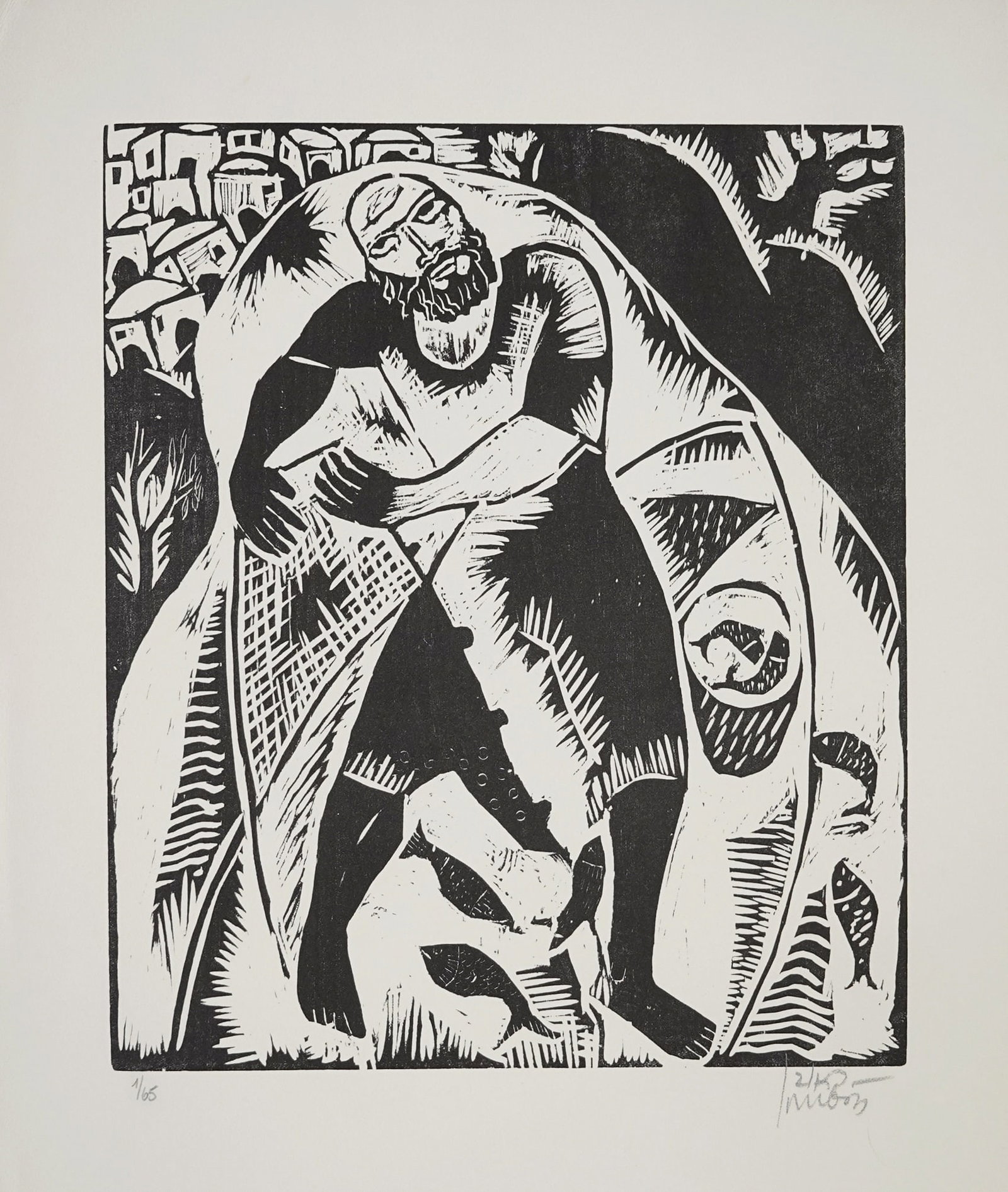 Reuven Rubin (Israeli - Romanian, 1893-1974): The fisherman, from the series 'The God Seekers', 1923, Woodcut, 52 x 35 cm, Signed in pencil and numbered '1/65'