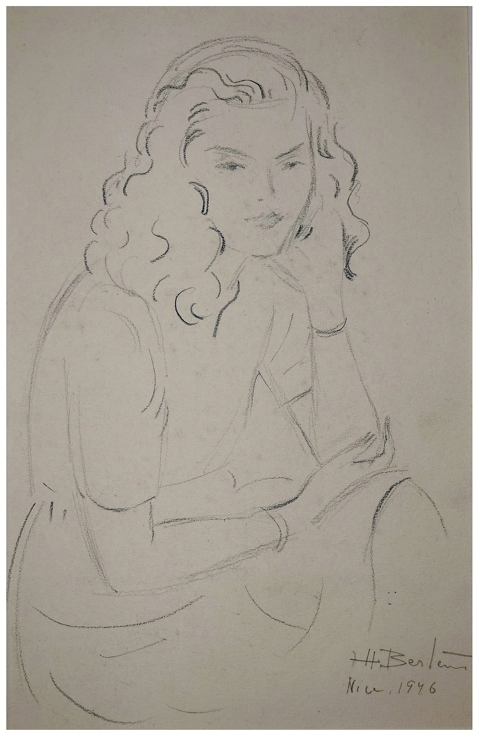 Henryk Berlewi (Polish - French, 1894-1967): Portrait of a girl, Nice (France), 1946, Pencil on paper (matted), 29 x 18 cm, Stamped with the estate seal. Past provenance: the art collection of the Israeli poet Nathan Zach (1930-2020).