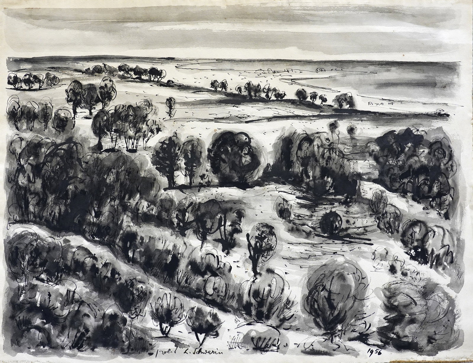 Ludwig Schwerin (German - Israeli 1897-1983): Trees in the sand dunes on Haifa beach, 1956, Ink on paper, 48 x 62 cm, Signed and dated
