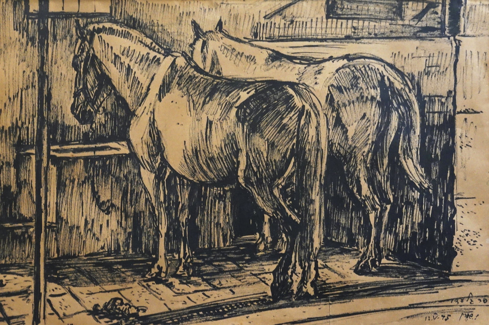 Ludwig Schwerin (German - Israeli, 1897-1983): Horses in a stable at Kibbutz Kfar Giladi, 1945, Ink on paper, 32 x 46 cm, Signed, inscribed and dated