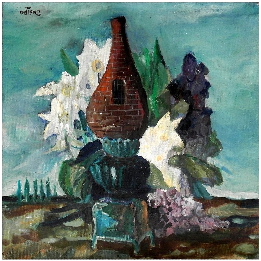 David Meshulam (Israeli - Bulgarian, 1930-1987): Surreal landscape with Lantern and flowers, Oil on canvas, 24 x 24 cm, Signed