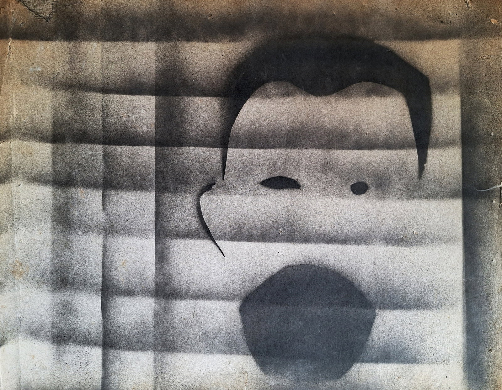 Michael Argov (Israeli - Austrian, 1920-1982): Figure Behind the Window Blinds, Black spray on paper, 38 x 48 cm, Signed and dated