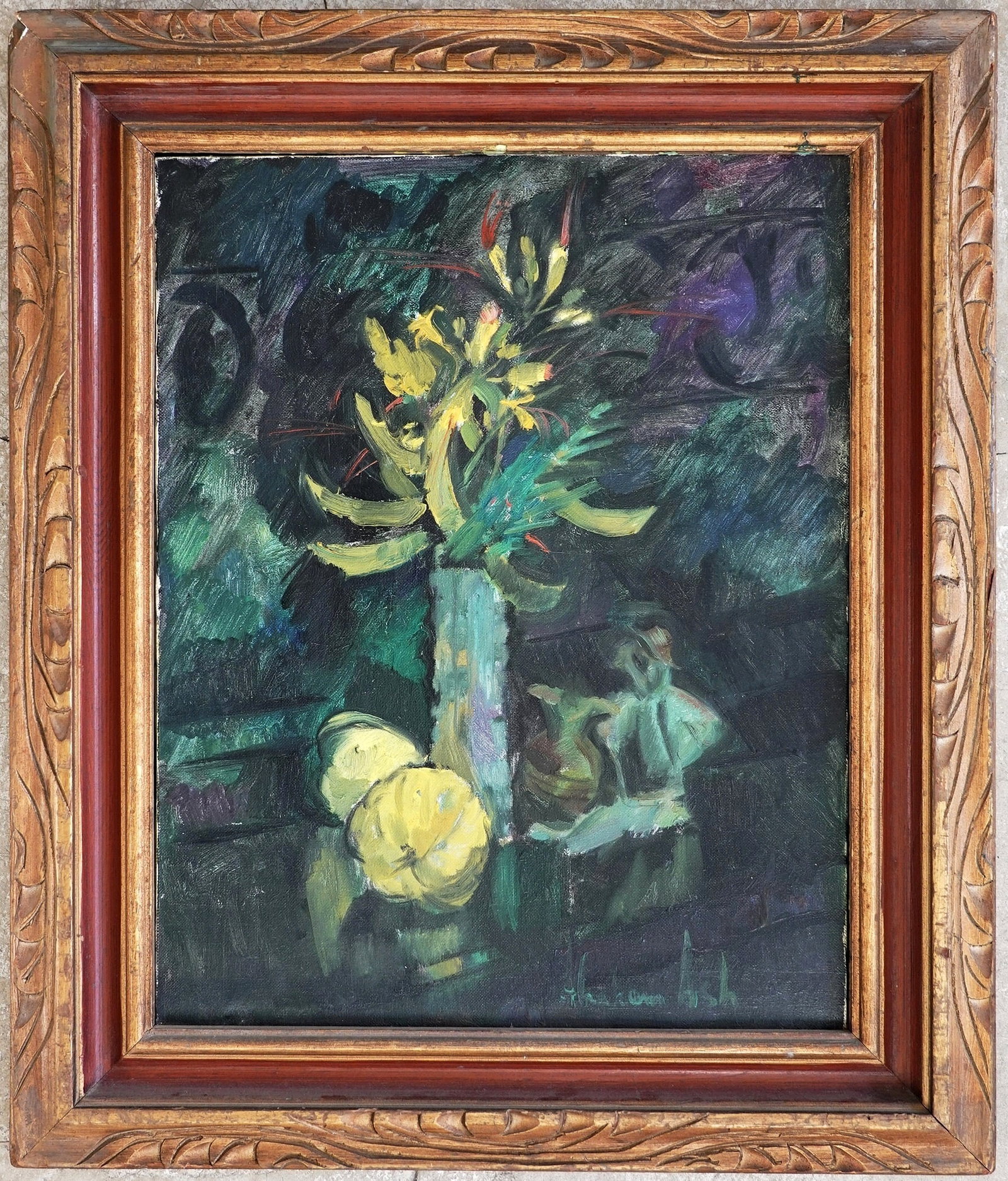 Abraham Ash (Averbuch) (Israeli - Russia, b. 1946): Nocturnal still life with flower vase and fruit, Oil on canvas, 50 x 40 cm, Signed