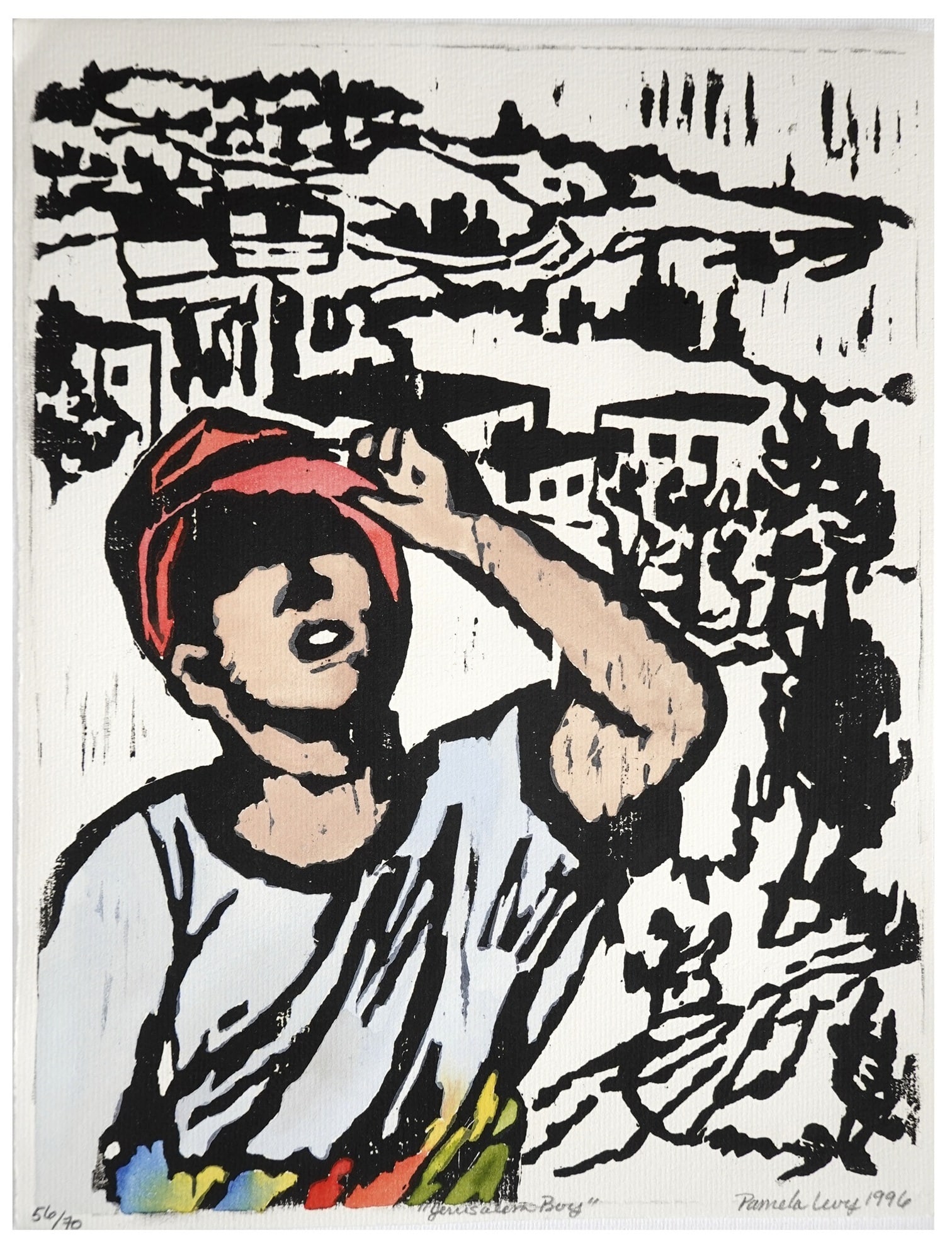 Pamela Levi (American - Israeli, 1949-2004): Jerusalem Boy", 1996, Woodcut and color print on paper, 28 x 21 cm, Signed in pencil, titled, dated and numbered "56/70
