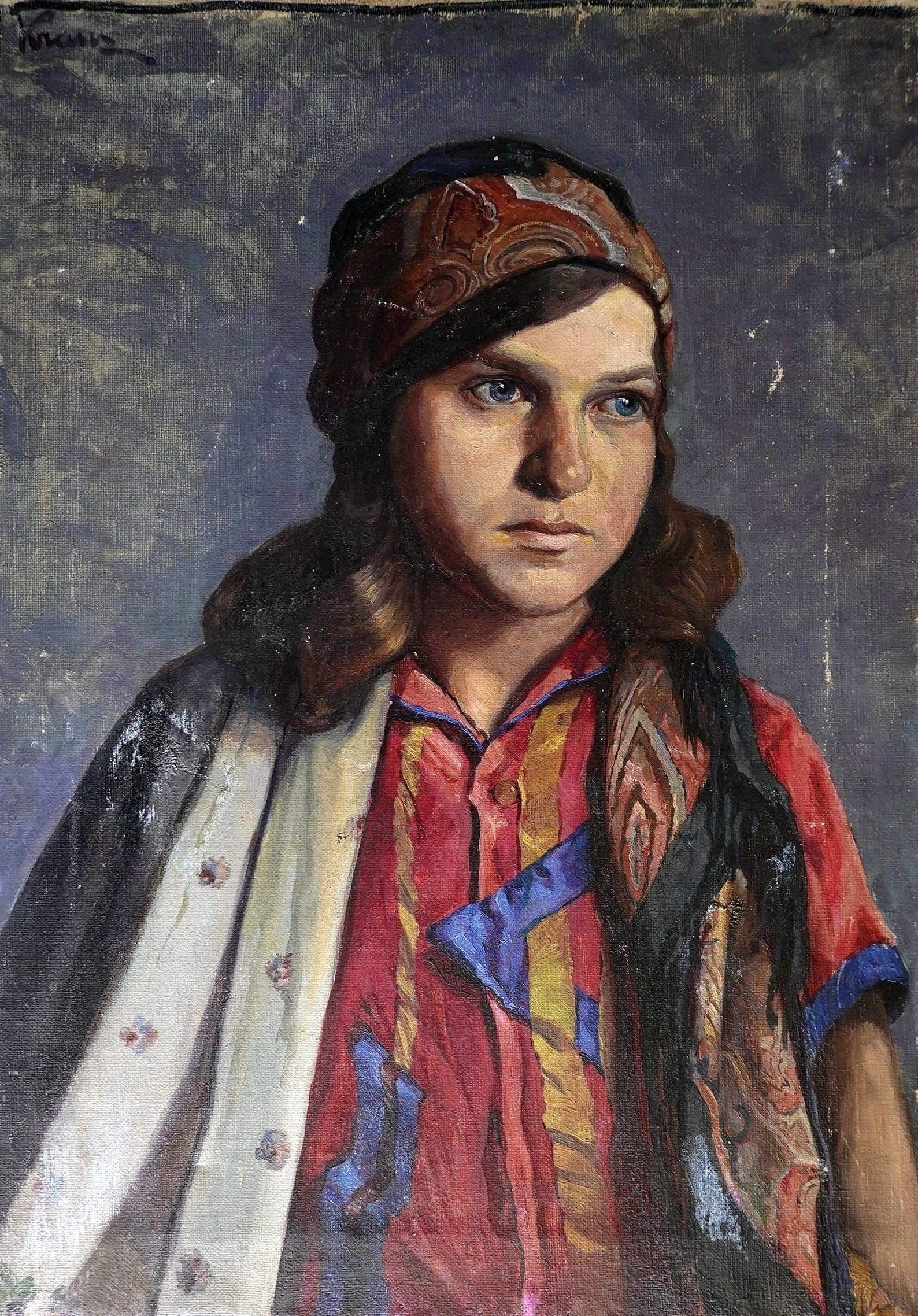 Alfred Krenz (South African - Austrian, 1899-1980): Portrait of a girl with a headscarf, Oil on canvas, 67 x 47 cm, Signed
