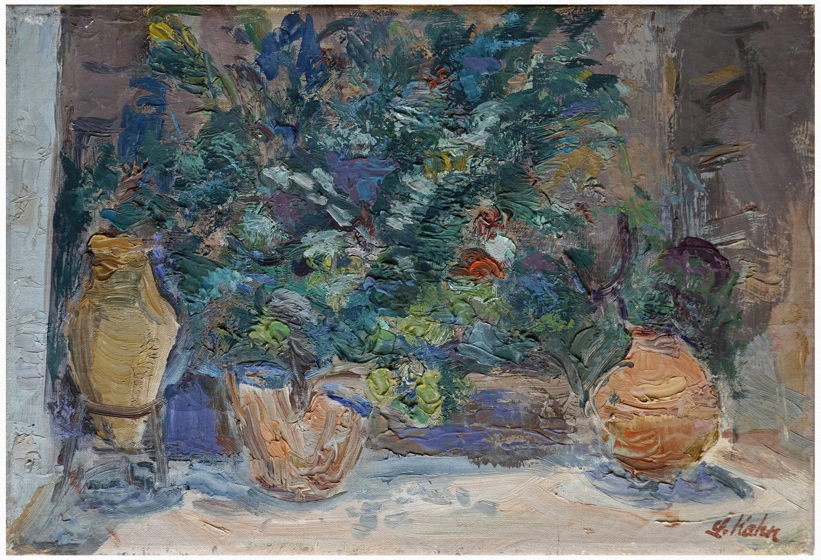 Leo Kahn (German - Israeli, 1894-1983): Potted plants on the doorstep, Oil on canvas, 24 x 35 cm, Signed