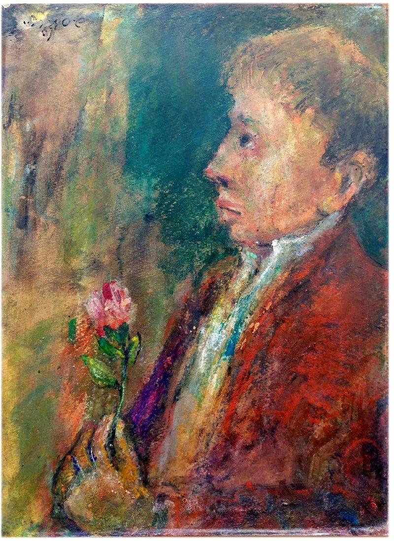 Shaul Samira (Israeli - American, 1939-2017): Boy Holding a Rose, 1969, Pastels on cardboard, 40 x 30 cm, Signed and dated