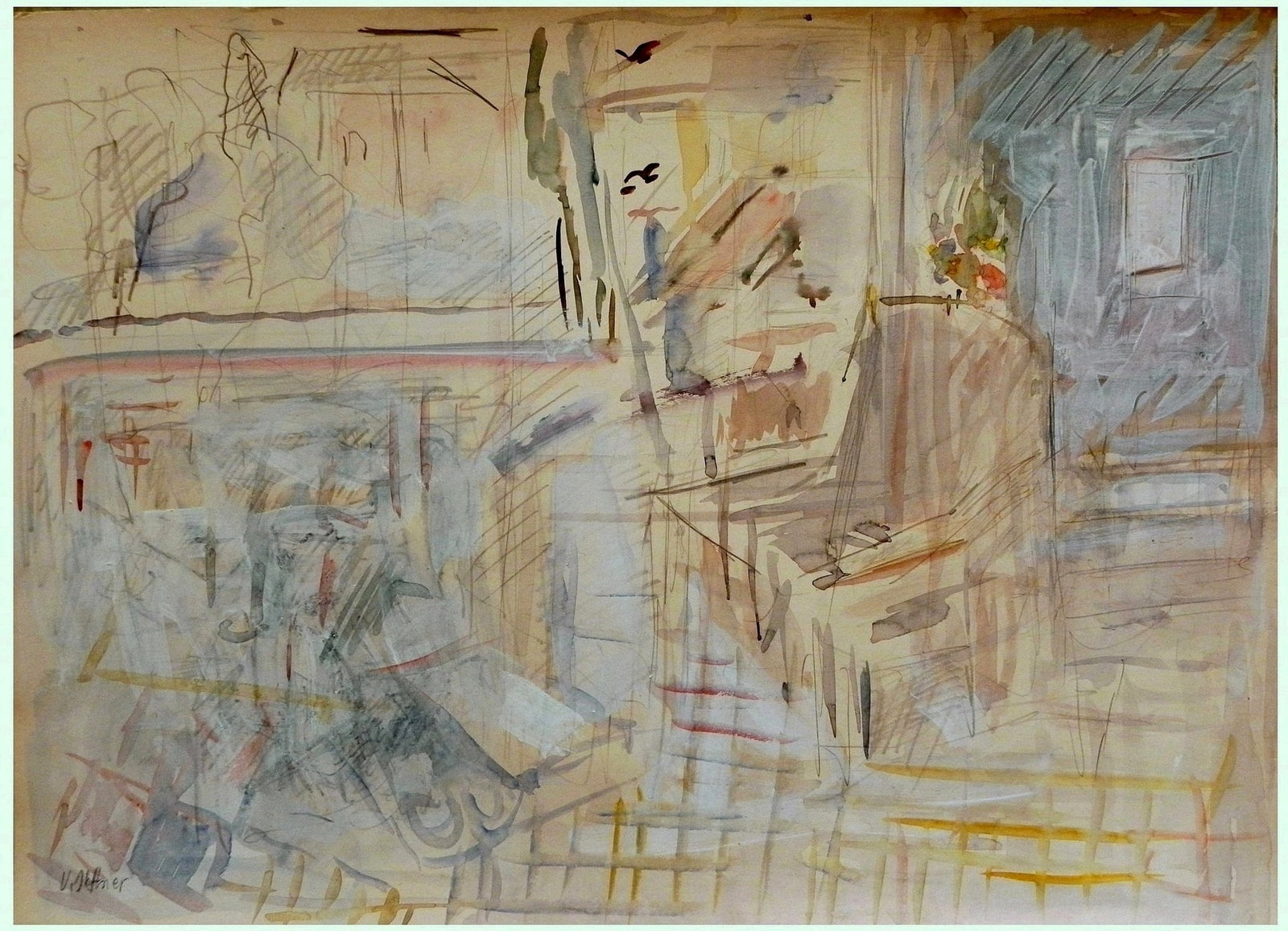 Uri Stettner (Israeli, 1935-1999): Still life in the interior, Watercolor and pencil on paper, 50 x 70 cm, Signed