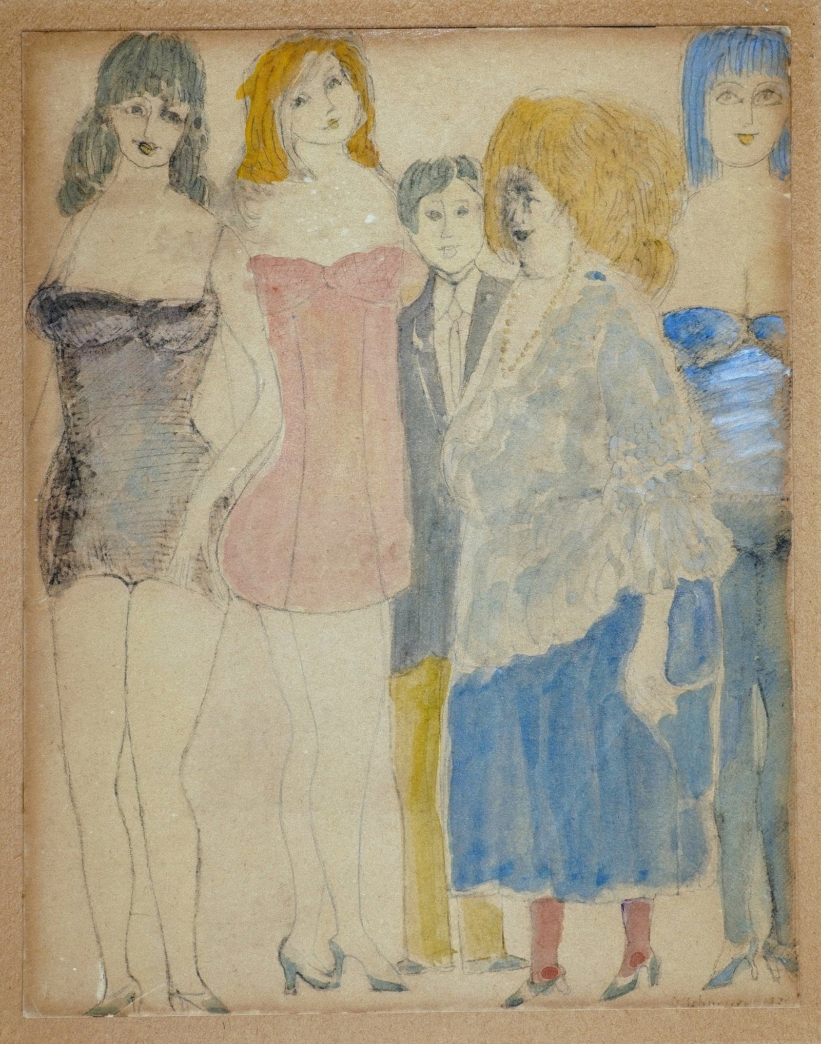 David Schneuer (Israeli - German, 1905-1988): The Madam and Her Girls, 1970, Watercolor on paper (mounted on cardboard), 25 x 20 cm, Signed and dated
