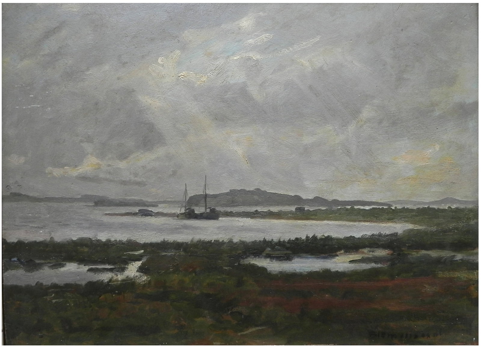 European School artist, the early 20th century (XIX-XX): Boats on the lake, Oil on cardboard, 41 x 56 cm, Signed
