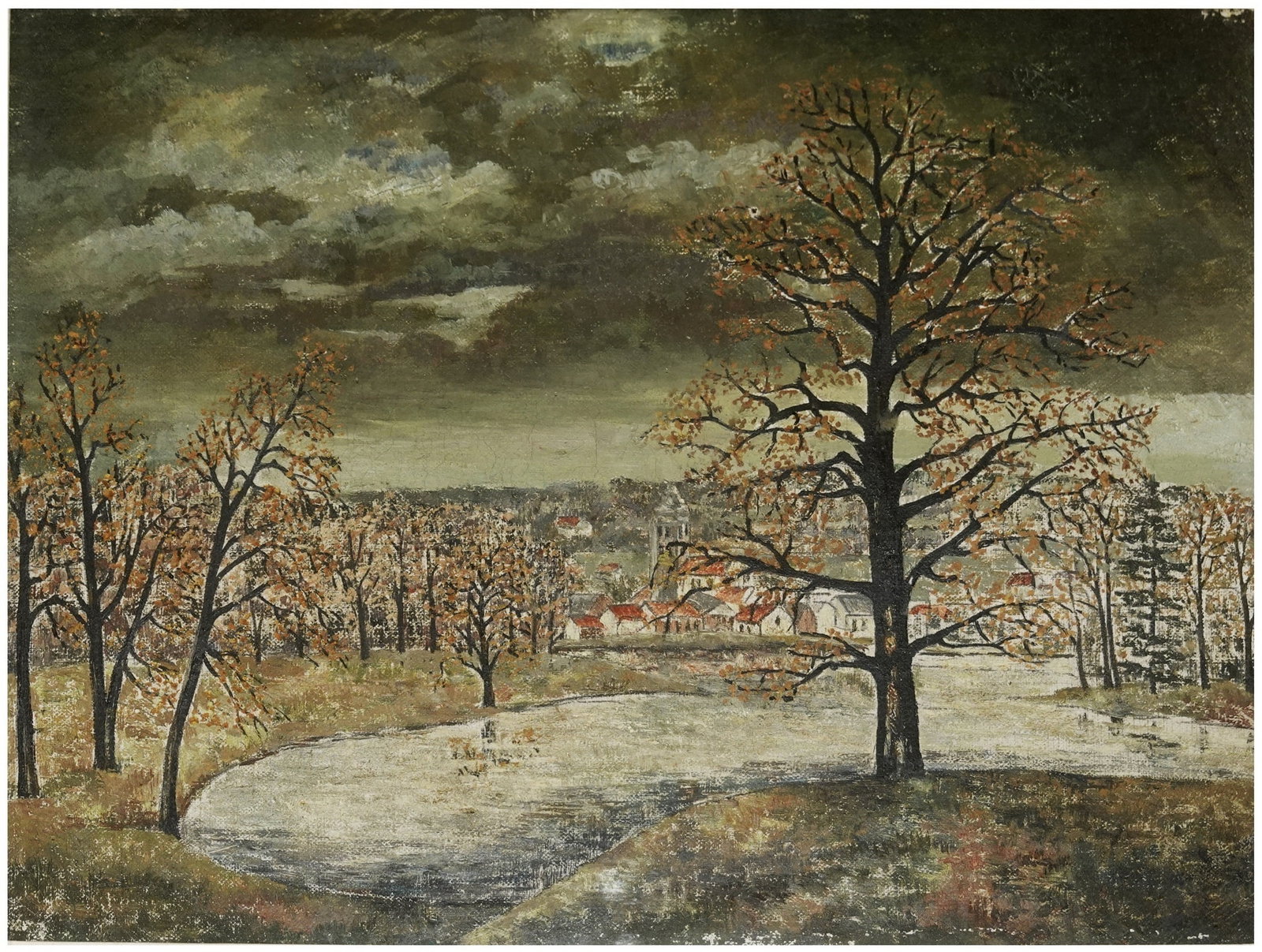 Elisabeth de Saedeleer (Belgian, 1902-1972): Lake view on the outskirts of the town, East Flanders, 1945, Oil on canvas, 27 x 35 cm, Signed