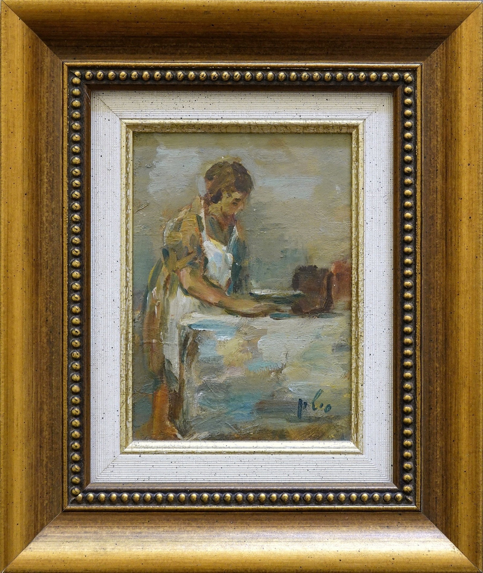Haim Sitton (Israeli, 1926-1998): Woman in a White Apron at a Table, Oil on wood, 17 x 12 cm, Signed