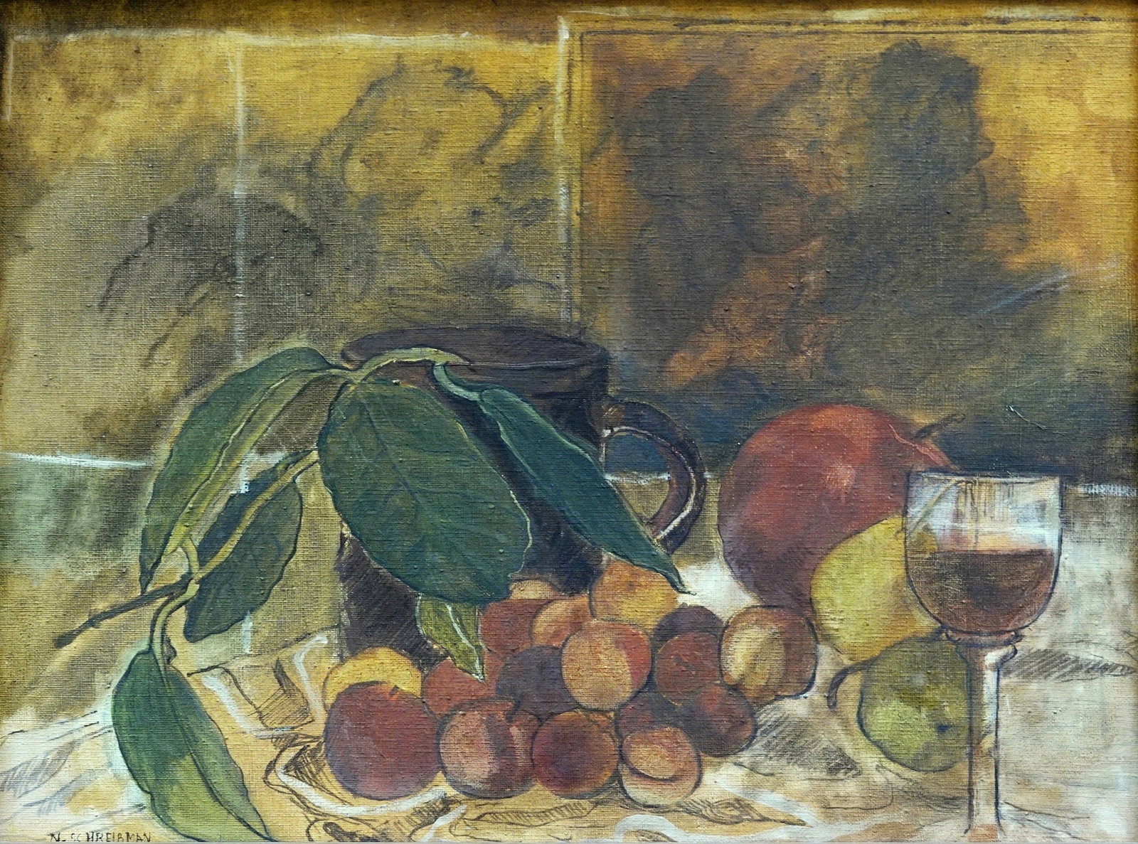 Naome Schreibmann (Israeli, 1943-2020): Still life with fruit and a glass of wine, Oil on canvas, 29 x 38 cm, Signed