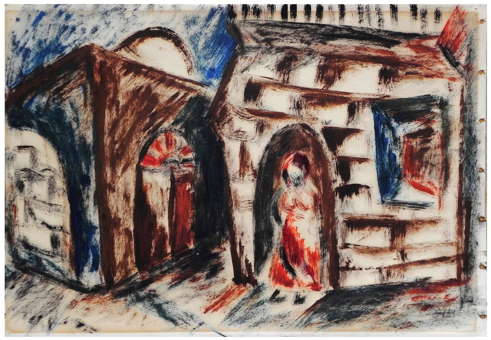 Coca Lapidoth (Israeli - Romanian, 1932-1985): A woman in an alley in Safed, Gouache on paper, 35 x 50 cm, Signed