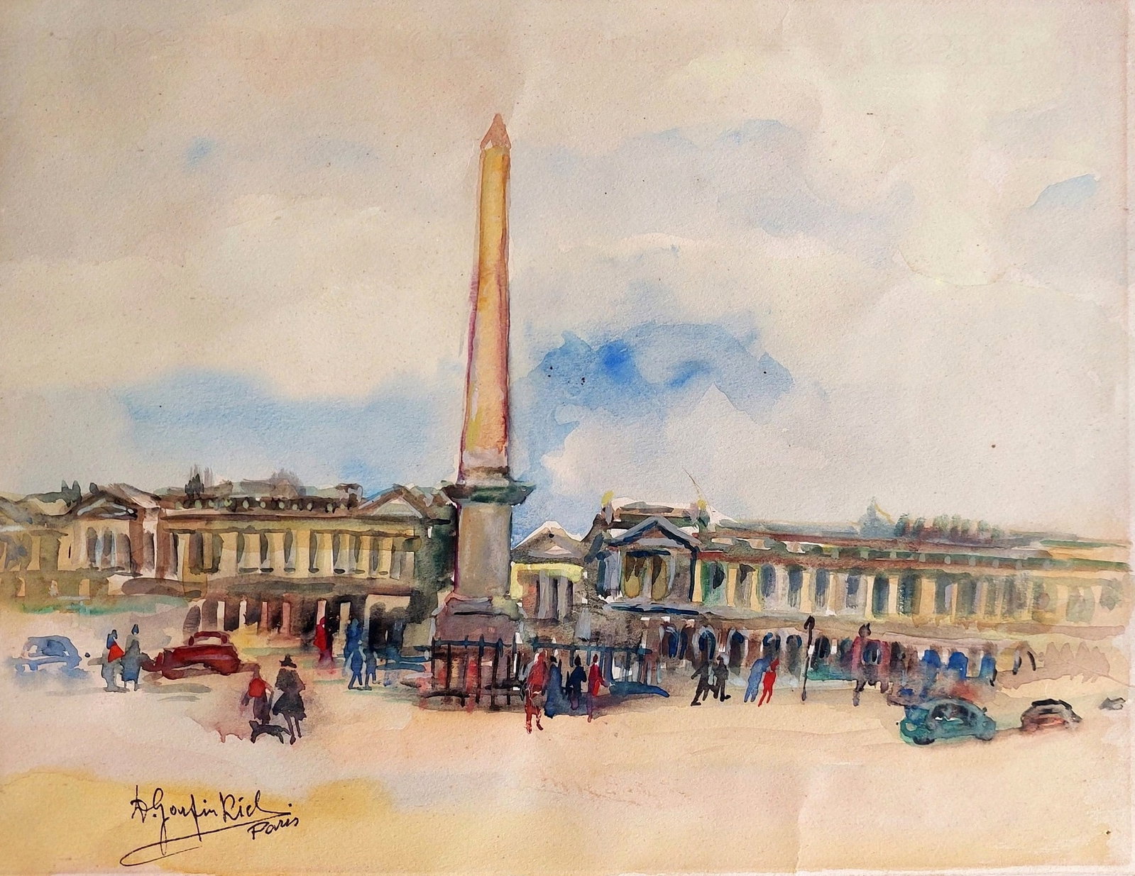 David Garfinkiel (Polish - French, 1902-1970): Figures in Place de la Concorde, Paris, Watercolor on paper, 25 x 32 cm, Signed
