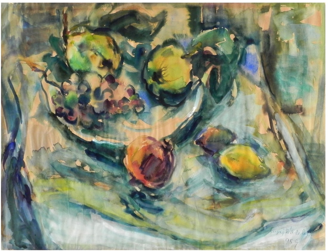 Lujza Wilhelm - Hoffmann (Hungarian - Israeli, 1911-1978): A bowl of fruit, 1959, Gouache on paper, 48 x 69 cm, Signed and dated