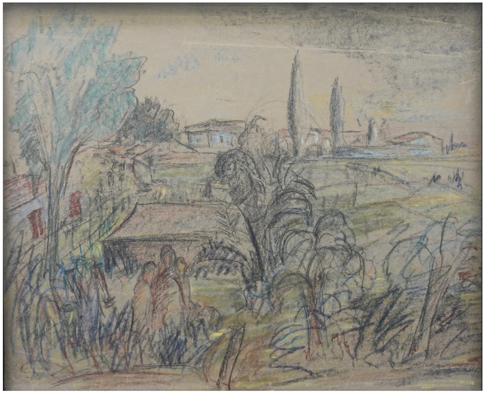 Isidor Aschheim (German - Israeli, 1891-1968): Figures in the Village Landscape, 1946, Oil pastels on cardboard, 47 x 56 cm, Signed and dated