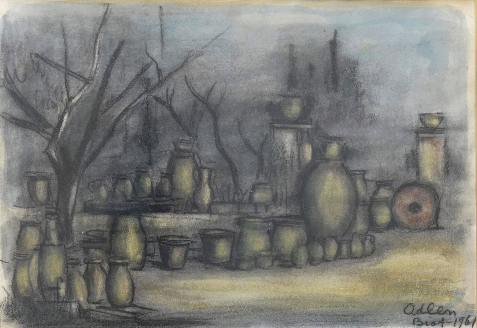 Michel Adlen (Ukrainian - French, 1898-1980): The Famous Jars of Biot, France, 1961, Watercolor and pencil on paper, 23 x 33 cm, Signed, inscribed 'Biot" and dated