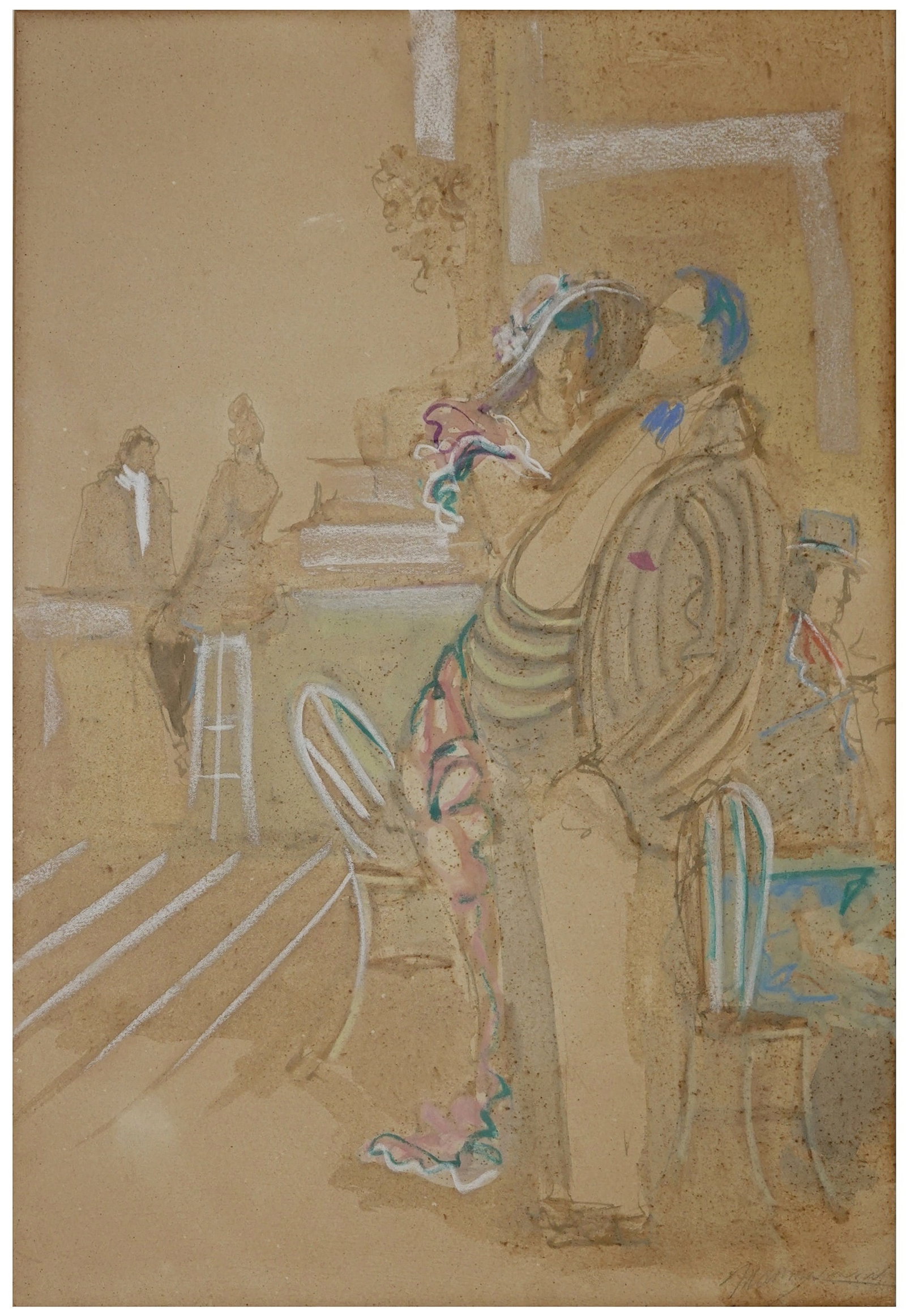Isaac Maimon (Israeli - French - American, b. 1951): Figures at the Bar, Watercolor and oil pastels on paper, 54 x 38 cm, Signed