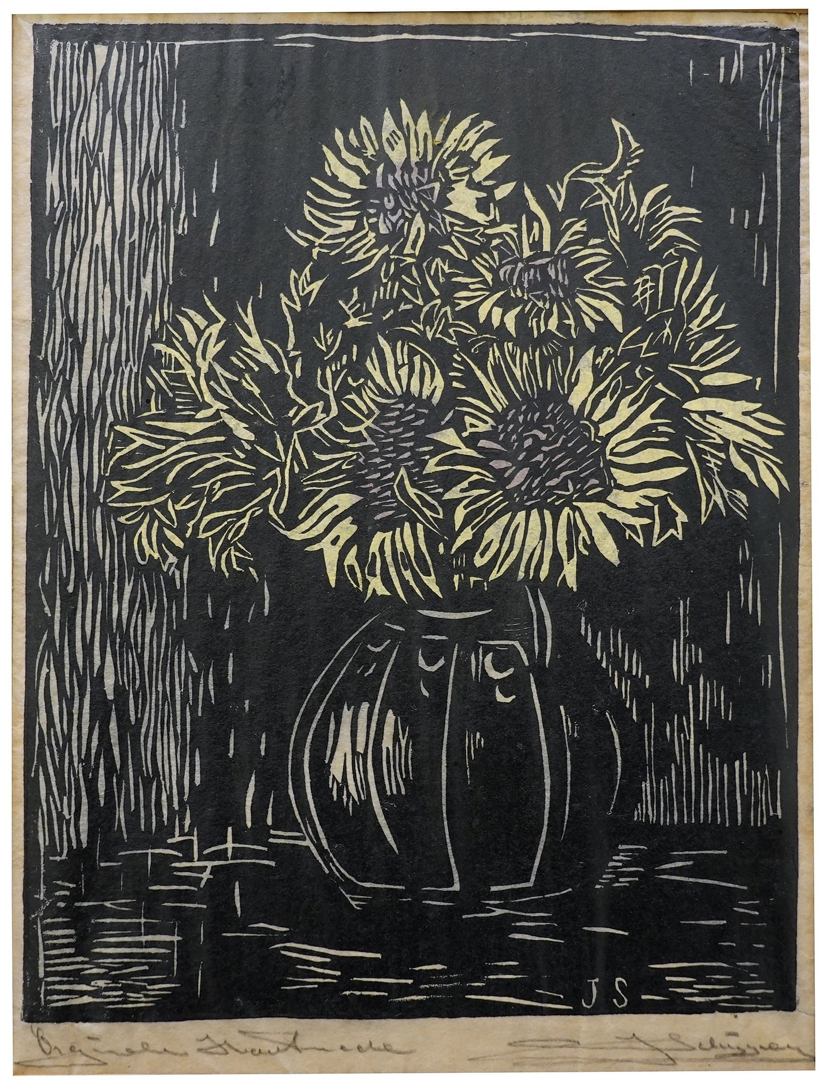 Jan Schrijver (Dutch, b. 1949): Sunflowers in a vase, Linocut (matted), 22 x 17 cm, Signed in pencil, Plate signed as well