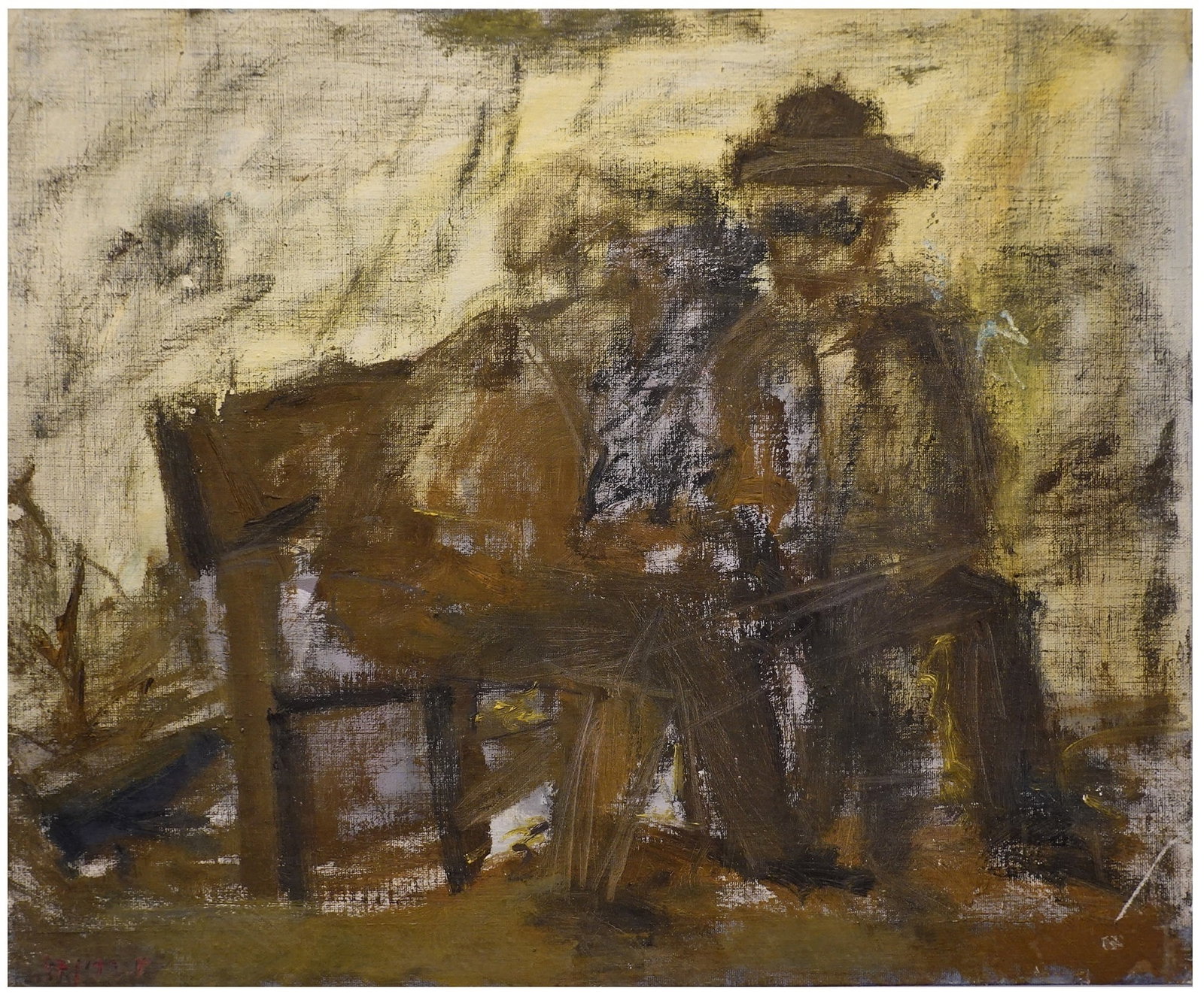 Amos Rabin (Israeli, b. 1950): Old couple sitting on bench, 1987, Oil on canvas (attached to cardboard and wood panel), 38 x 46 cm, Signed and dated